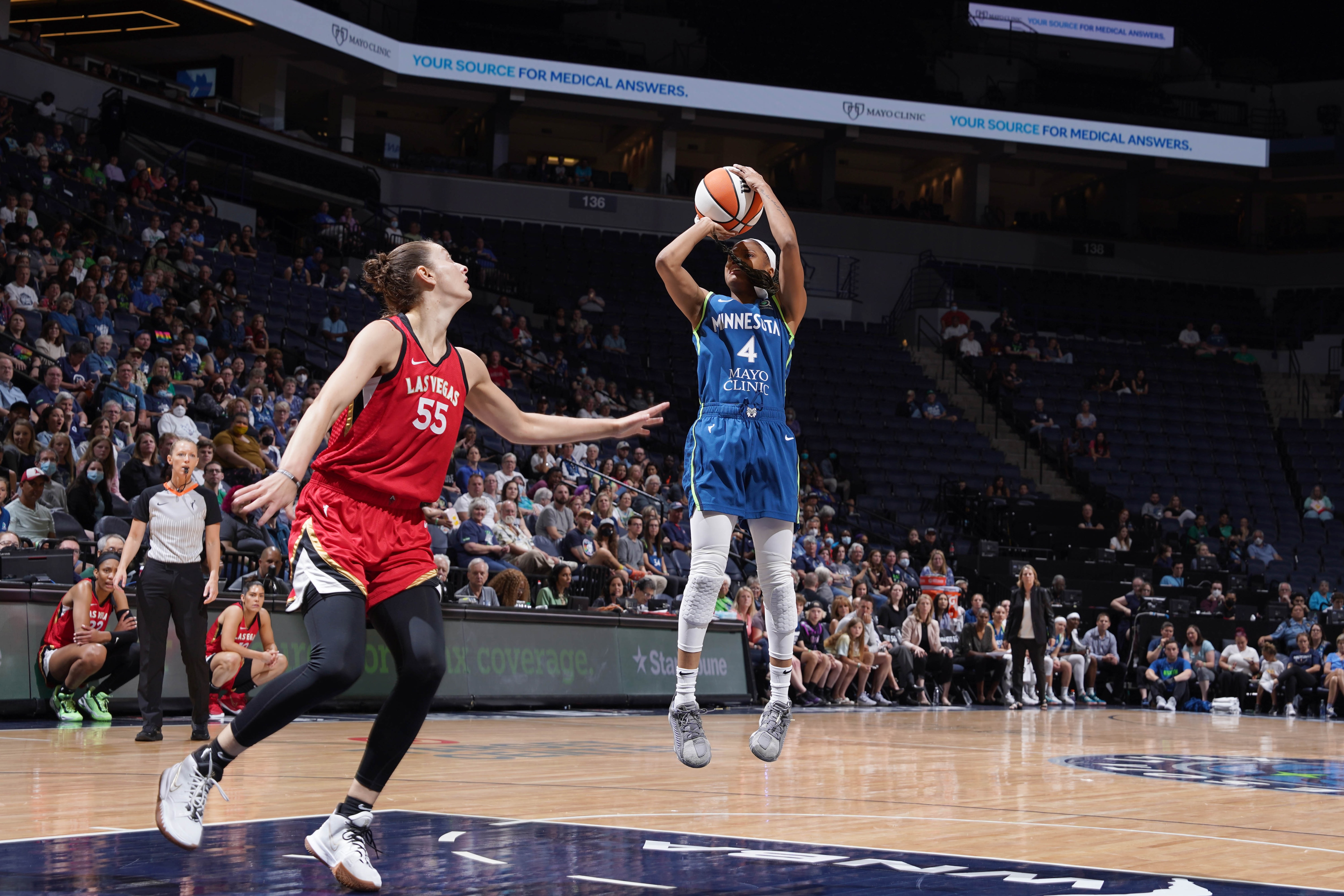Minneapolis, MN - JULY 1: Moriah Jefferson #4 of the Minnesota Lynx shoots the ball during the game against the Las Vegas Aces on July 1, 2022 at Target Center in Minneapolis, MN. NOTE TO USER: User expressly acknowledges and agrees that, by downloading and or using this Photograph, user is consenting to the terms and conditions of the Getty Images License Agreement. Mandatory Copyright Notice: Copyright 2022 NBAE (Photo by Jordan Johnson/NBAE via Getty Images)