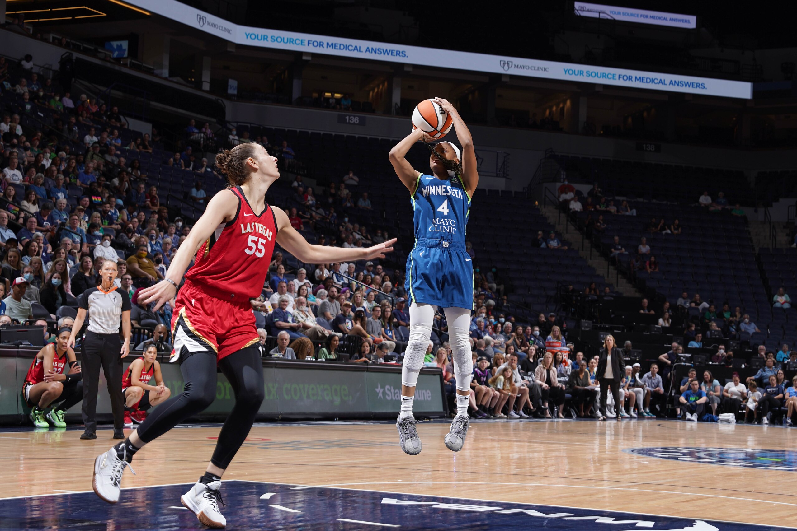 Minneapolis, MN - JULY 1: Moriah Jefferson #4 of the Minnesota Lynx shoots the ball during the game against the Las Vegas Aces on July 1, 2022 at Target Center in Minneapolis, MN. NOTE TO USER: User expressly acknowledges and agrees that, by downloading and or using this Photograph, user is consenting to the terms and conditions of the Getty Images License Agreement. Mandatory Copyright Notice: Copyright 2022 NBAE (Photo by Jordan Johnson/NBAE via Getty Images)