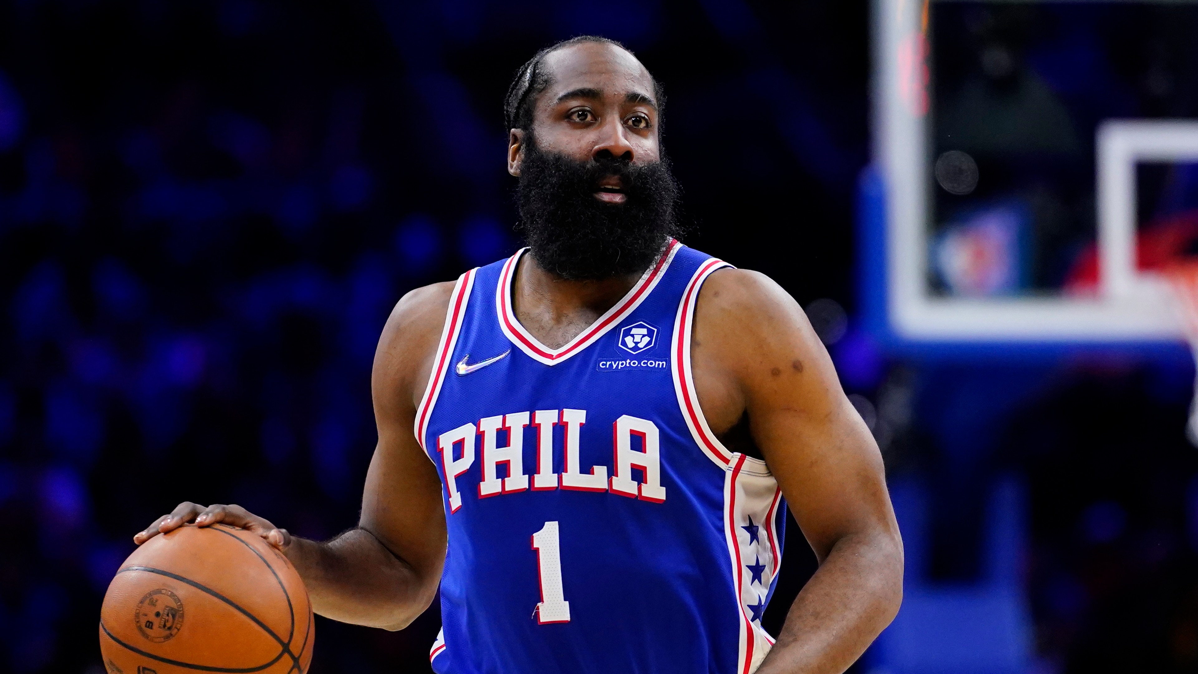 Philadelphia 76ers' James Harden plays during Game 5 of an NBA basketball first-round playoff series, Monday, April 25, 2022, in Philadelphia. (AP Photo/Matt Slocum)
