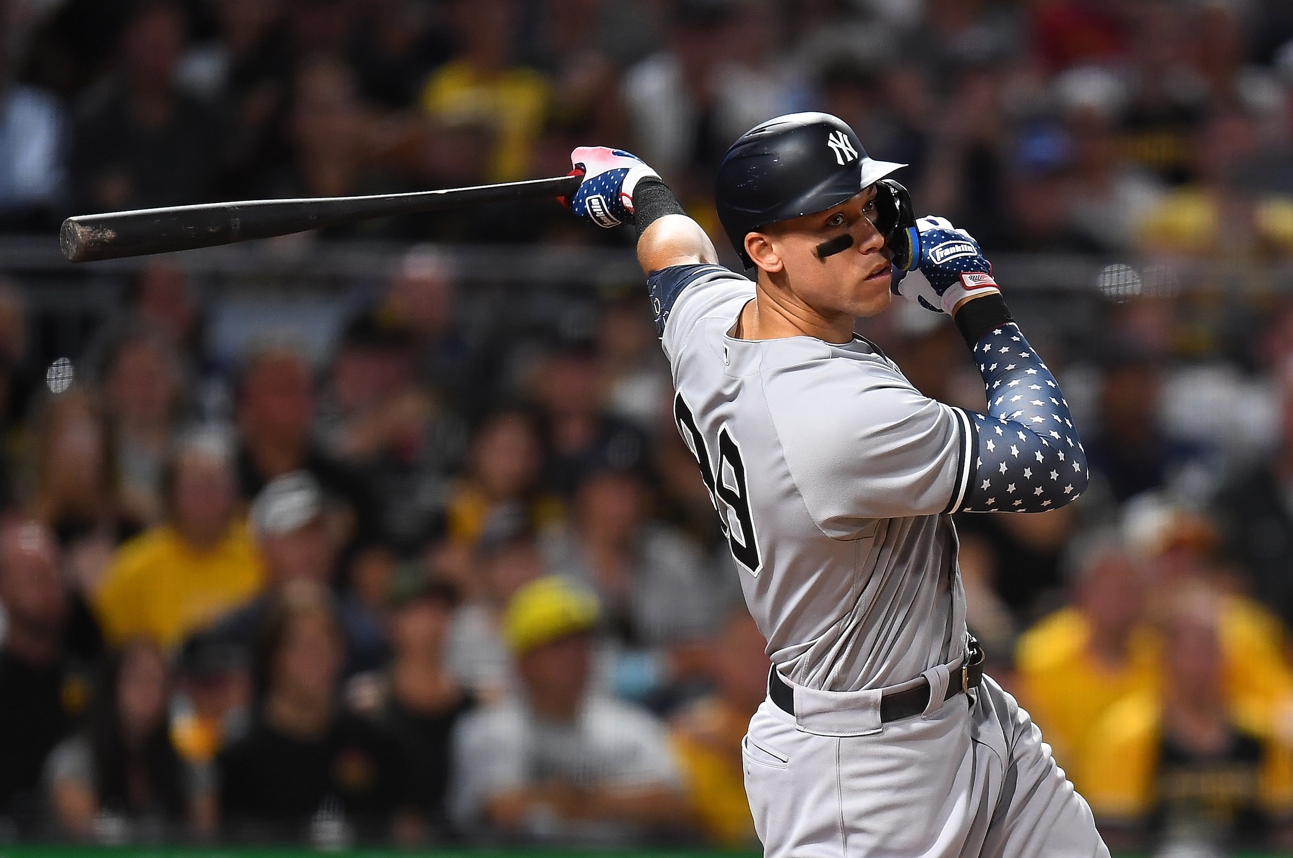 PITTSBURGH, PA - JULY 05:  Aaron Judge #99 of the New York Yankees in action during the game against the Pittsburgh Pirates at PNC Park on July 5, 2022 in Pittsburgh, Pennsylvania. (Photo by Joe Sargent/Getty Images)