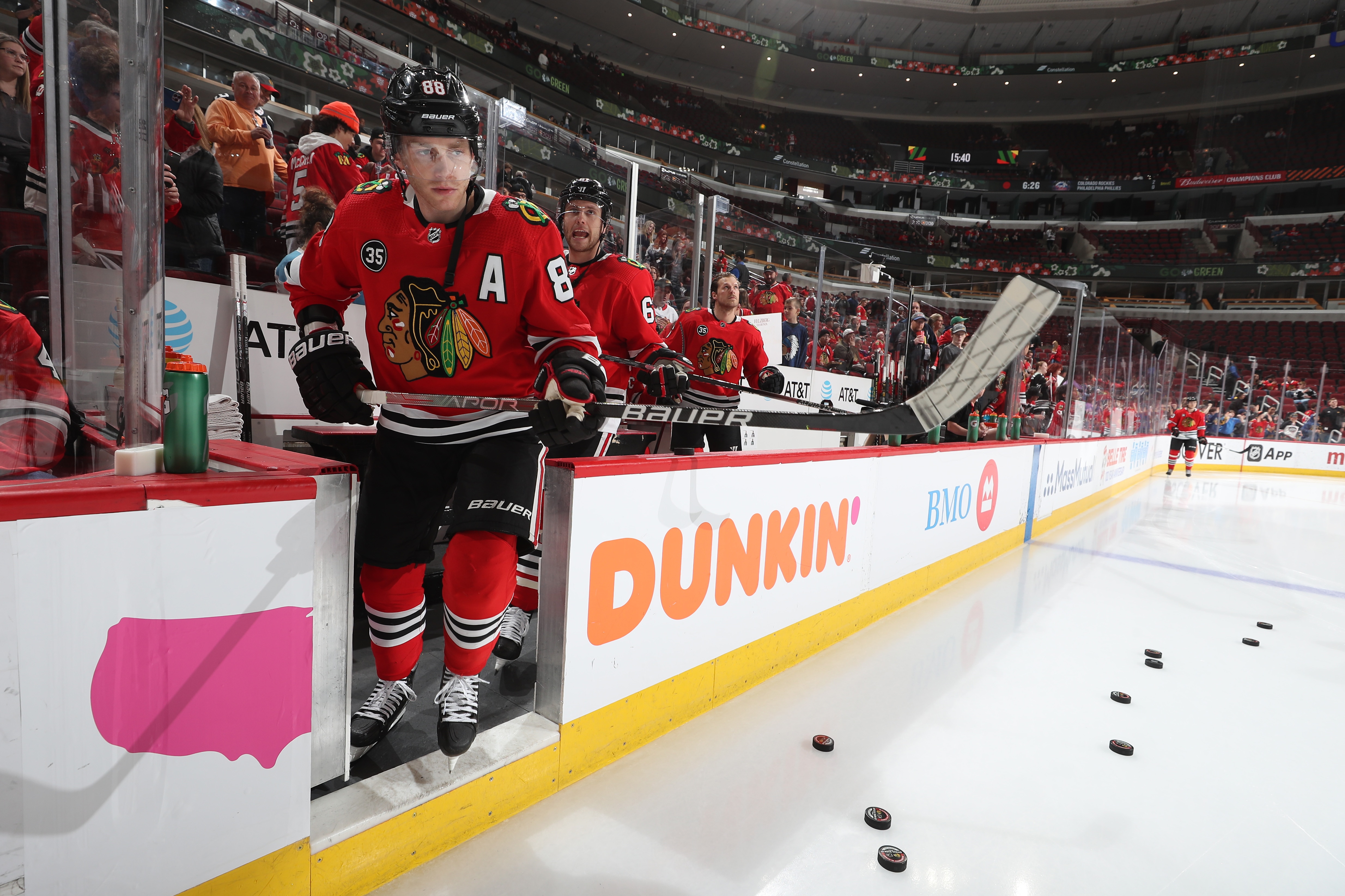 CHICAGO, ILLINOIS - APRIL 25: Patrick Kane #88 of the Chicago Blackhawks gets on the ice for warm-ups prior to the game against the Philadelphia Flyers at United Center on April 25, 2022 in Chicago, Illinois. (Photo by Chase Agnello-Dean/NHLI via Getty Images)