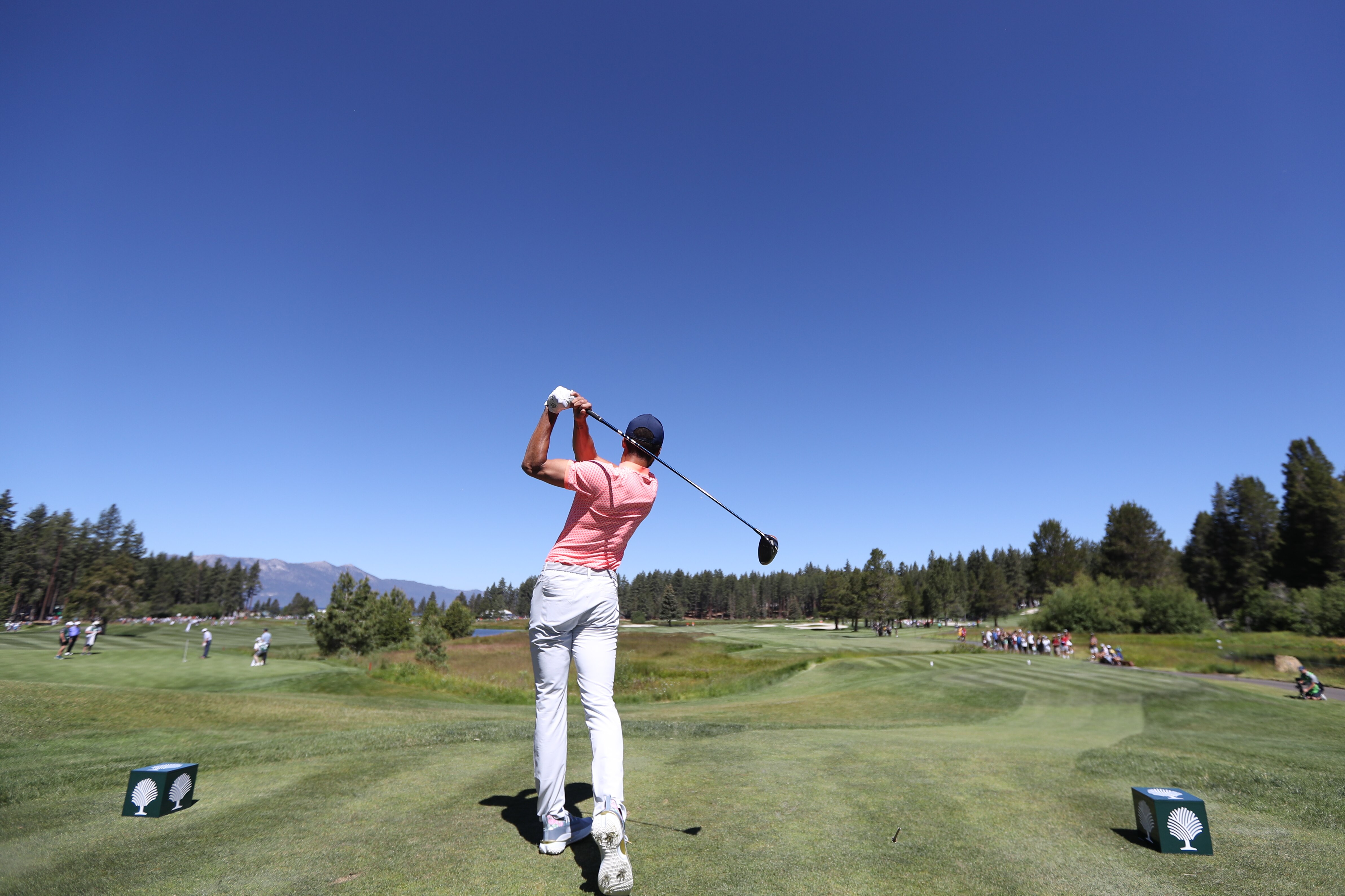 STATELINE, NV - JULY 08: NBA basketball player Steph Curry plays his shot from the third tee during Round One of the 2022 American Century Championship at Edgewood Tahoe Golf Course on July 8, 2022 in Stateline, Nevada. (Photo by Isaiah Vazquez/Clarkson Creative/Getty Images)