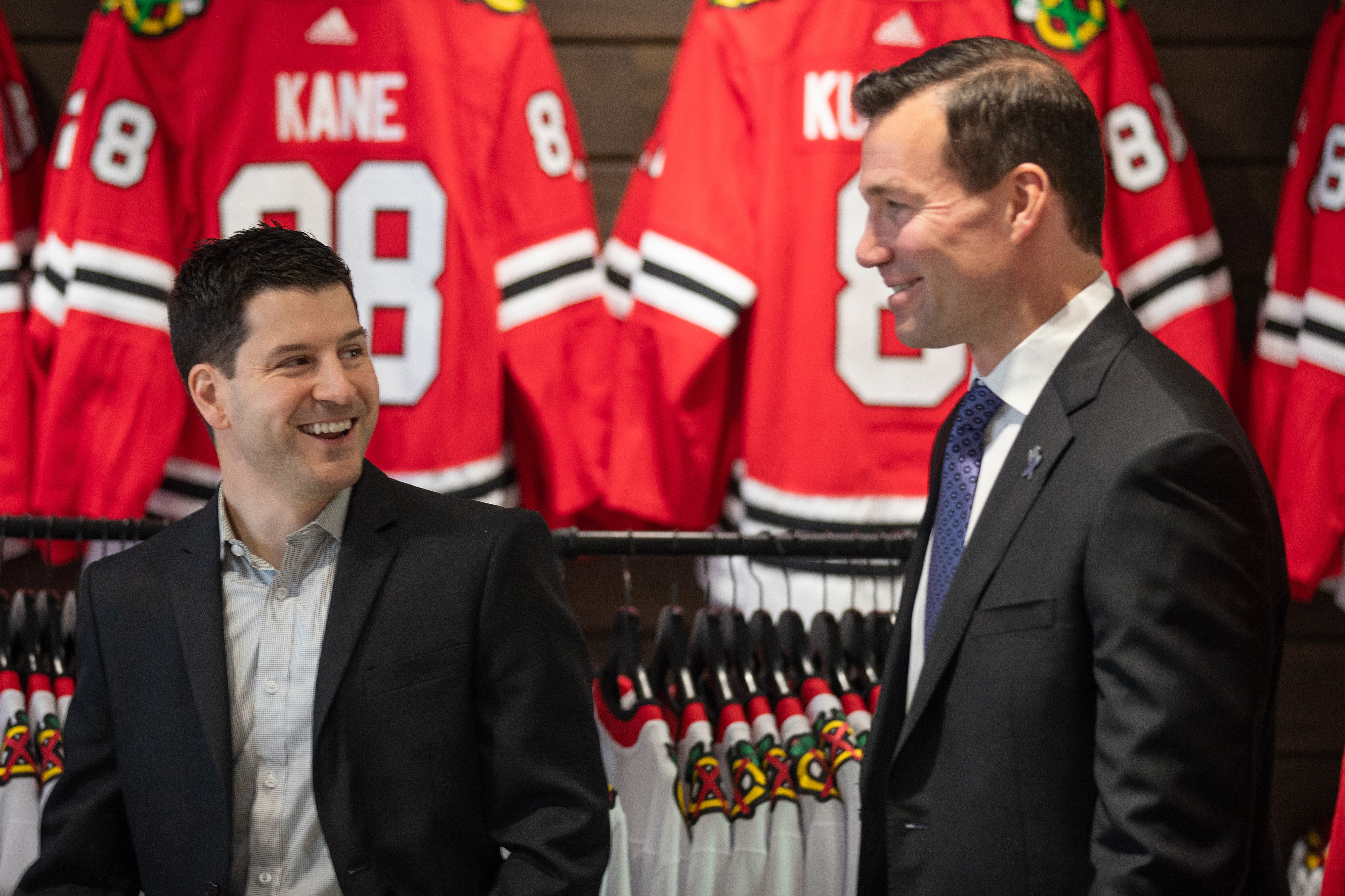 CHICAGO, ILLINOIS - JUNE 29: General Manager Kyle Davidson of the Chicago Blackhawks arrives with Luke Richardson to introduce him as the team's new head coach at the Blackhawks Store on June 29, 2022 in Chicago, Illinois. (Photo by Chase Agnello-Dean/NHLI via Getty Images)