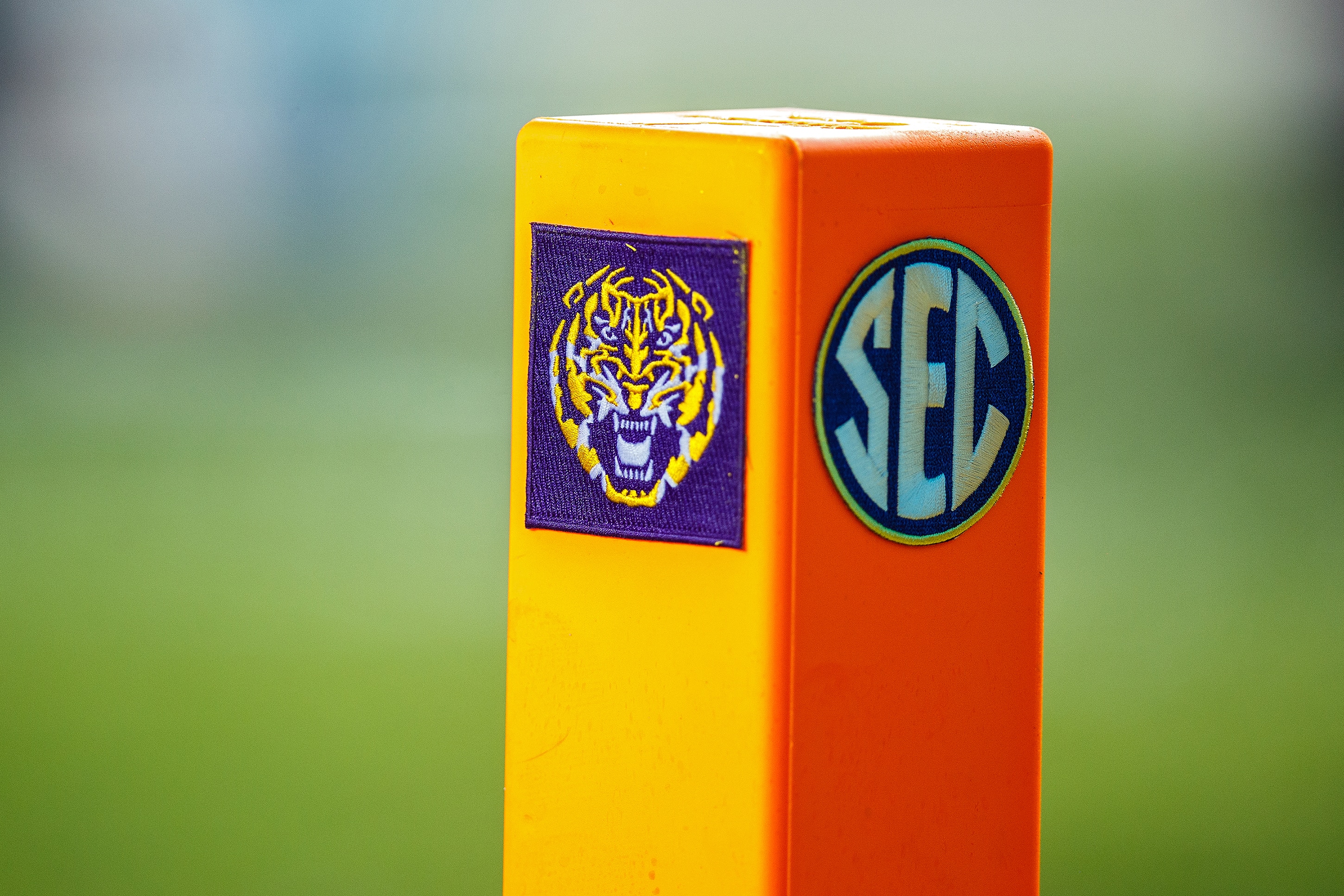 BATON ROUGE, LA - OCTOBER 02: An LSU Tigers pylon in the end zone during a game between the LSU Tigers and the Auburn Tigers at Tiger Stadium in Baton Rouge, Louisiana on October 2, 2021. (Photo by John Korduner/Icon Sportswire via Getty Images)