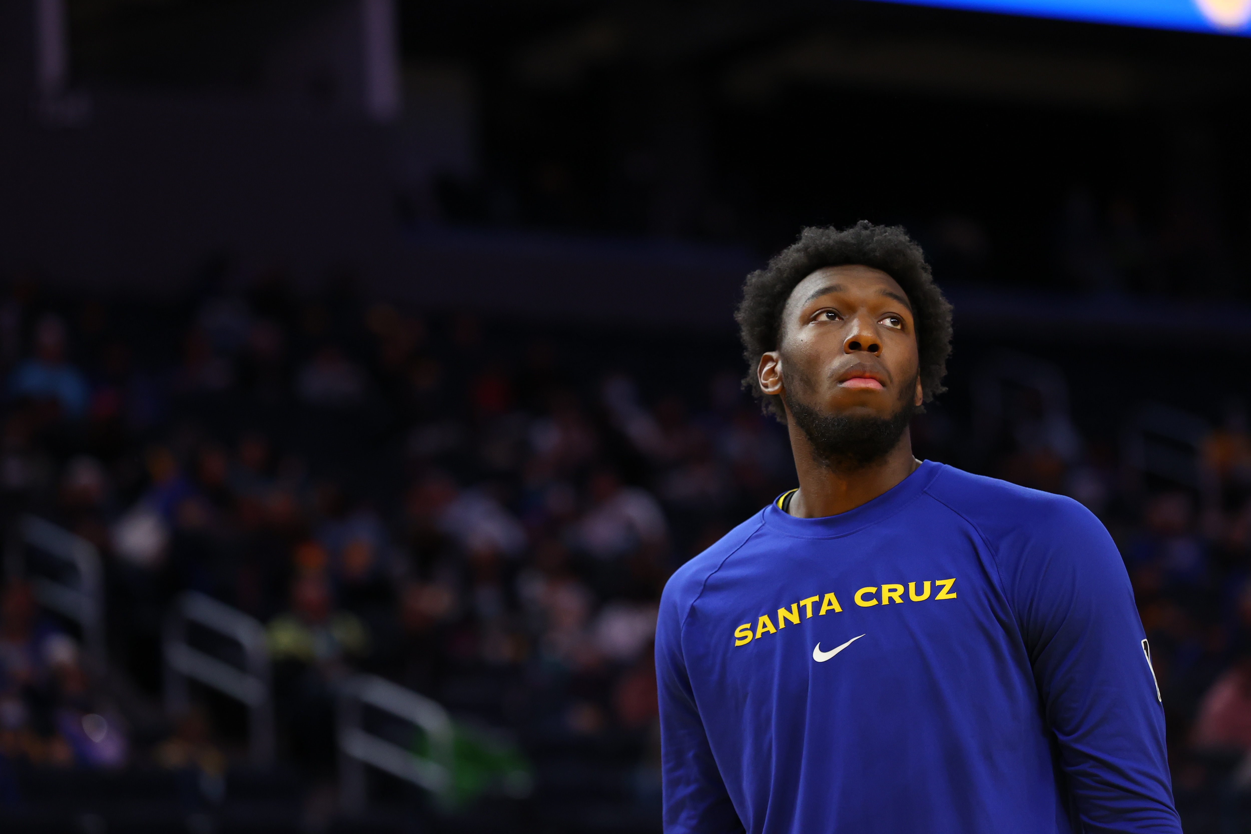 SAN FRANCISCO - MARCH 13: James Wiseman #33 of the Santa Cruz Warriors warms up before the game against G League Ignite during the G-League game on March 13, 2022 at Chase Center in San Francisco, California. NOTE TO USER: User expressly acknowledges and agrees that, by downloading and/or using this Photograph, user is consenting to the terms and conditions of the Getty Images License Agreement. Mandatory Copyright Notice: Copyright 2022 NBAE (Photo by Mike Rasay/NBAE via Getty Images)