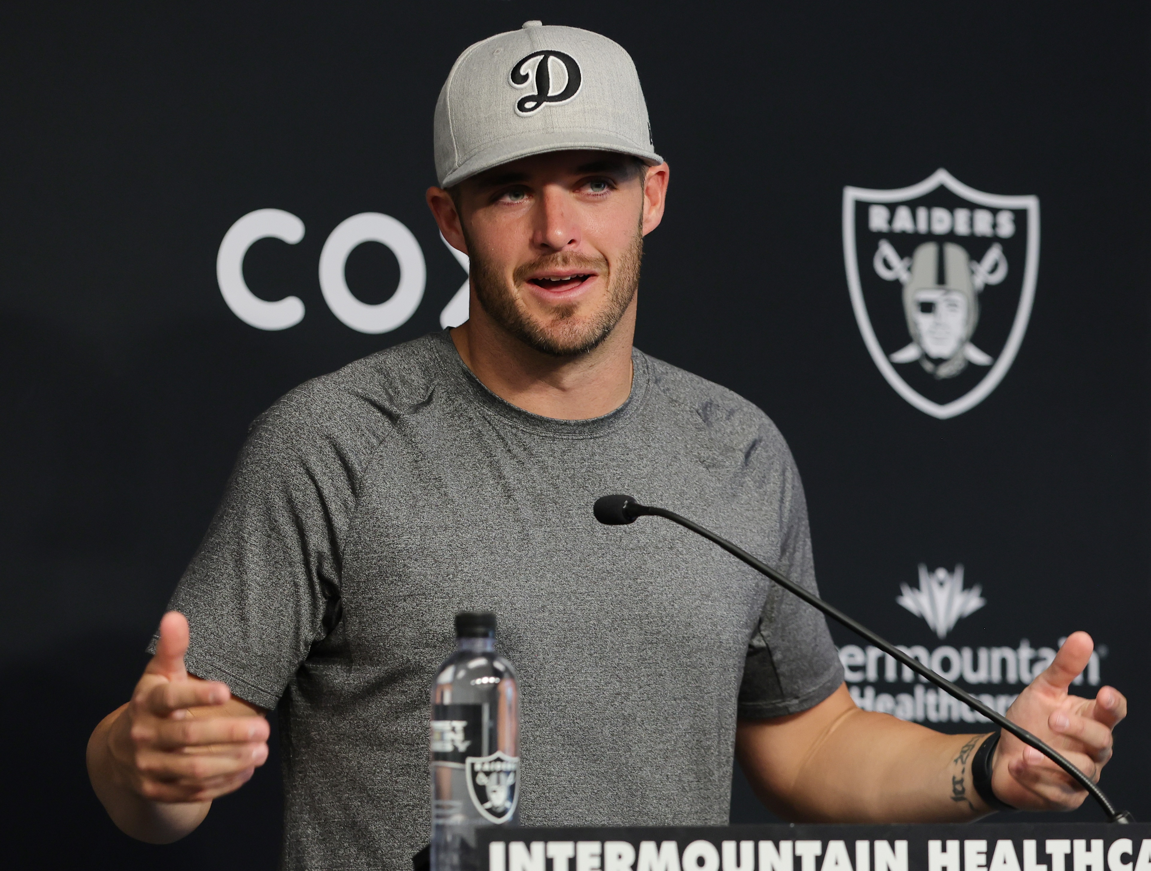 HENDERSON, NEVADA - JUNE 07: Quarterback Derek Carr #4 of the Las Vegas Raiders speaks during a news conference after the first day of mandatory minicamp at the Las Vegas Raiders Headquarters/Intermountain Healthcare Performance Center on June 07, 2022 in Henderson, Nevada. (Photo by Ethan Miller/Getty Images)