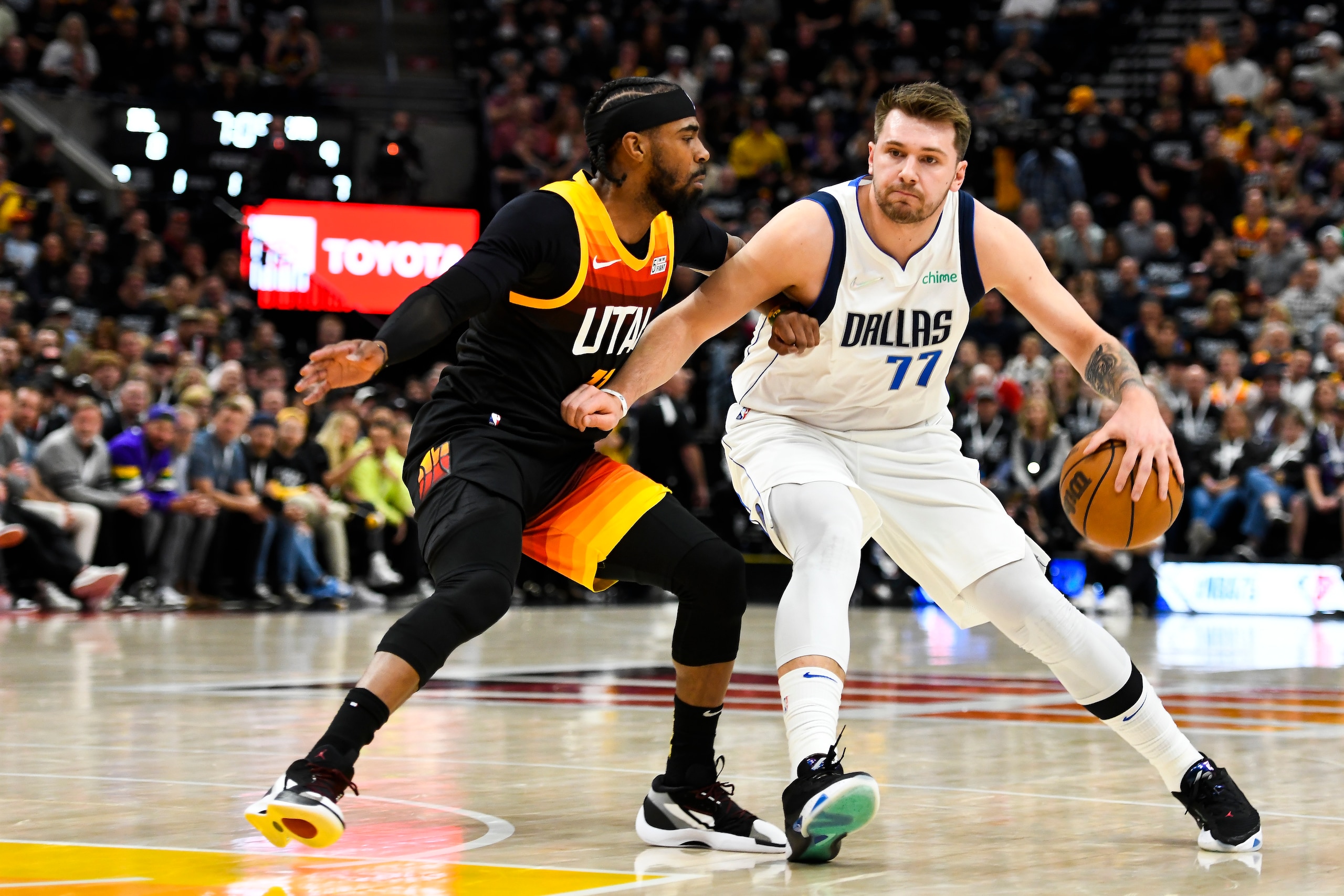 SALT LAKE CITY, UTAH - APRIL 28: Luka Doncic #77 of the Dallas Mavericks drives against Mike Conley #11 of the Utah Jazz during the first half of Game 6 of the Western Conference First Round Playoffs at Vivint Smart Home Arena on April 28, 2022 in Salt Lake City, Utah. NOTE TO USER: User expressly acknowledges and agrees that, by downloading and/or using this Photograph, user is consenting to the terms and conditions of the Getty Images License Agreement. (Photo by Alex Goodlett/Getty Images) SALT LAKE CITY, UTAH - APRIL 28: Luka Doncic #77 of the Dallas Mavericks drives against Mike Conley #11 of the Utah Jazz during the first half of Game 6 of the Western Conference First Round Playoffs at Vivint Smart Home Arena on April 28, 2022 in Salt Lake City, Utah. NOTE TO USER: User expressly acknowledges and agrees that, by downloading and/or using this Photograph, user is consenting to the terms and conditions of the Getty Images License Agreement. (Photo by Alex Goodlett/Getty Images)