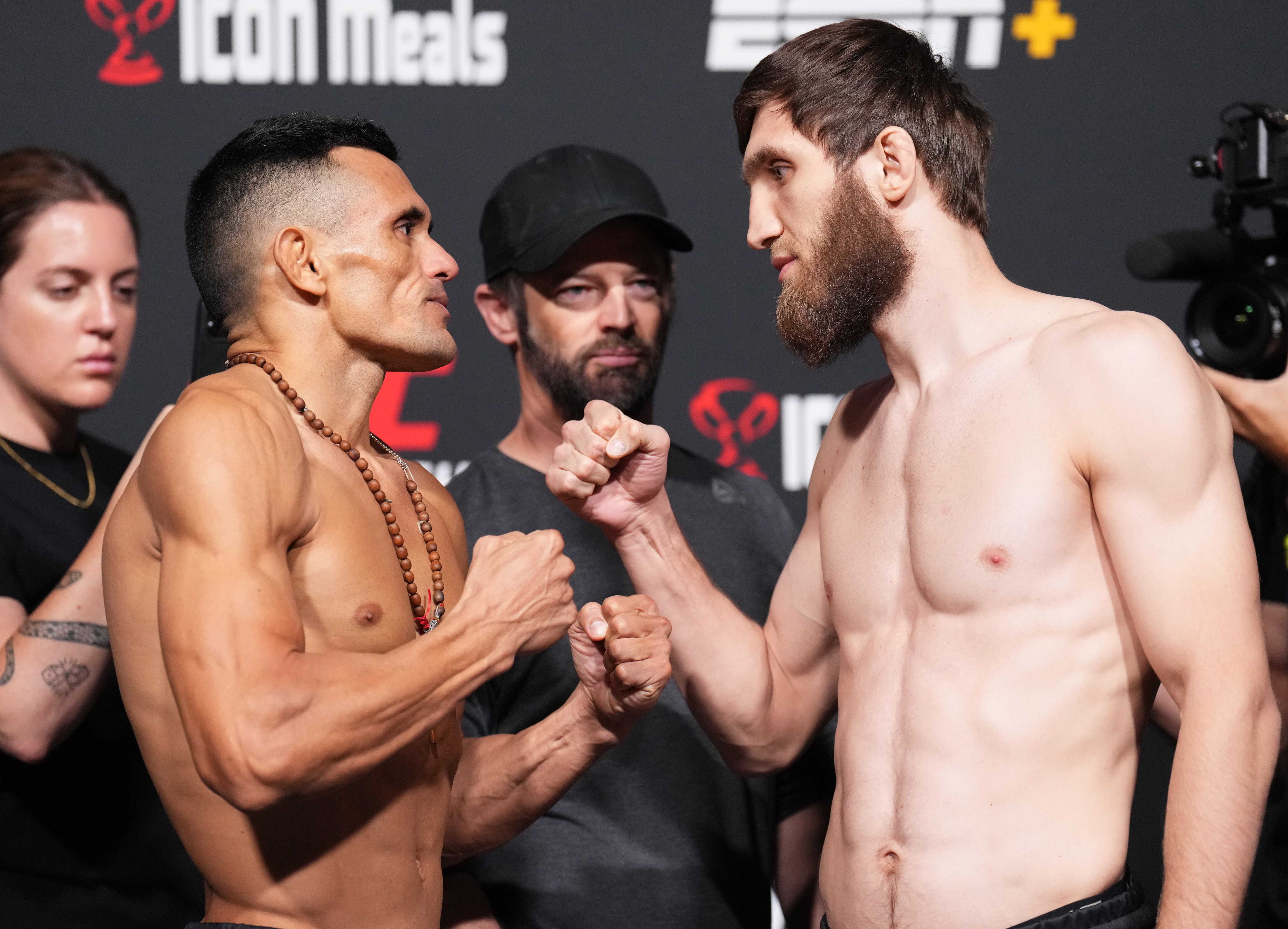 LAS VEGAS, NEVADA - JULY 08: (L-R) Opponents Douglas Silva de Andrade of Brazil and Said Nurmagomedov of Russia face off during the UFC Fight Night weigh-in at UFC APEX on July 08, 2022 in Las Vegas, Nevada. (Photo by Chris Unger/Zuffa LLC)