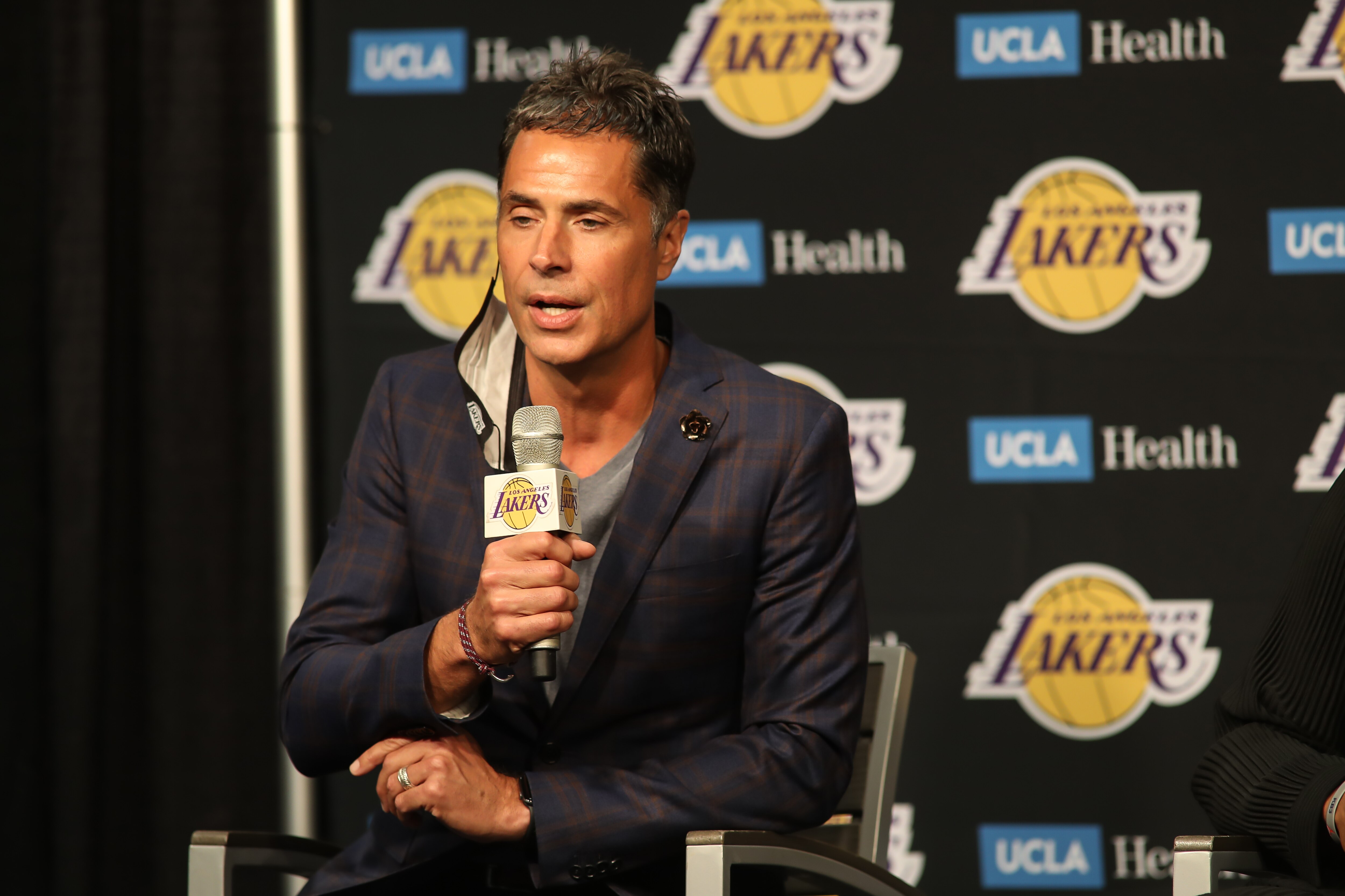 LOS ANGELES, CA - AUGUST 10: Los Angeles Lakers General Manager Rob Pelinka during the Los Angeles Lakers Introductory press conference for Russell Westbrook on August 10, 2021, at Staples Center in Los Angeles, CA. (Photo by Jevone Moore/Icon Sportswire via Getty Images)