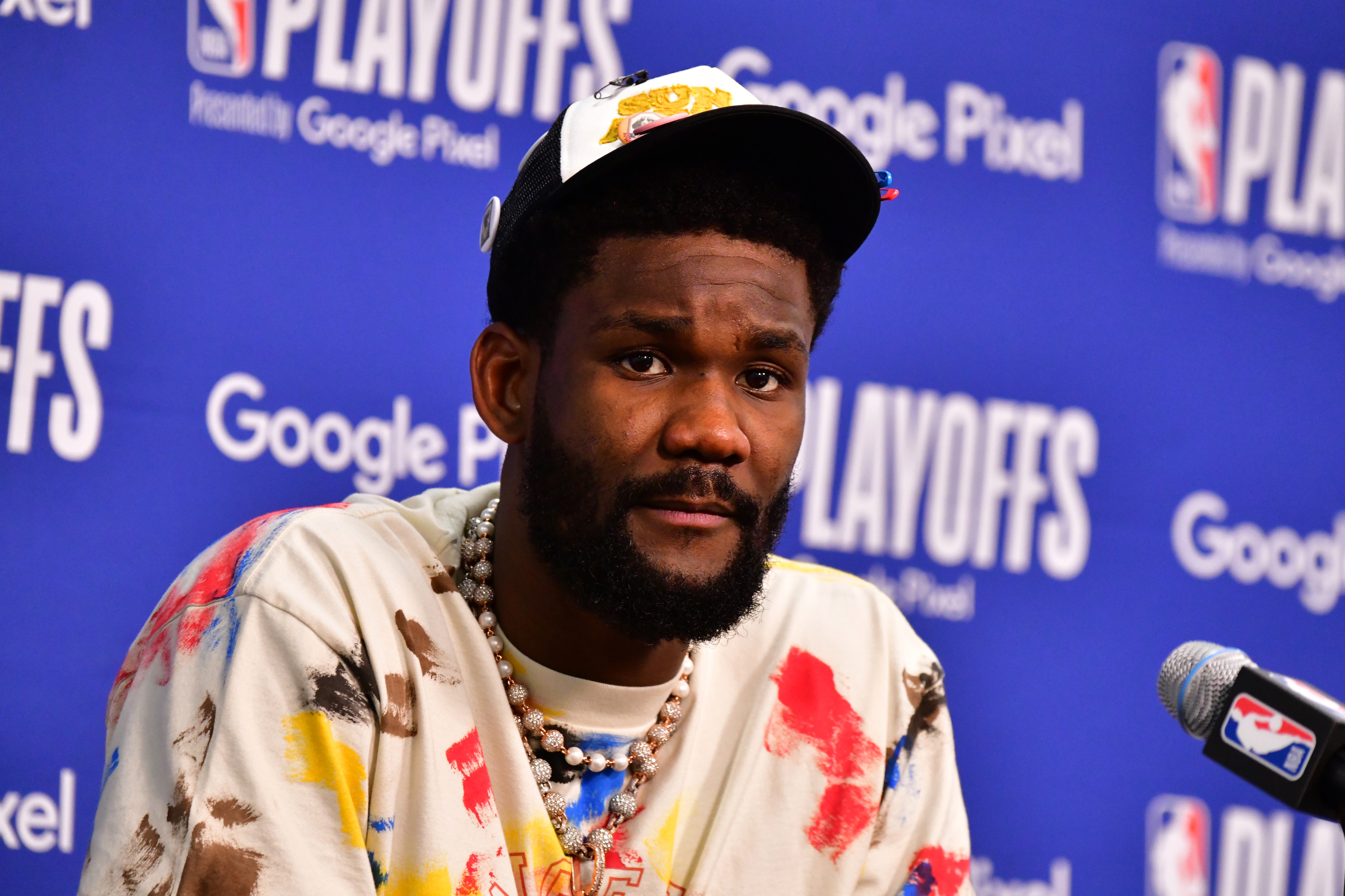 PHOENIX, AZ - MAY 10: Deandre Ayton #22 of the Phoenix Suns talks to the media after Game 5 of the 2022 NBA Playoffs Western Conference Semifinals on May 10, 2022 at Footprint Center in Phoenix, Arizona. NOTE TO USER: User expressly acknowledges and agrees that, by downloading and or using this photograph, user is consenting to the terms and conditions of the Getty Images License Agreement. Mandatory Copyright Notice: Copyright 2022 NBAE (Photo by Barry Gossage/NBAE via Getty Images)