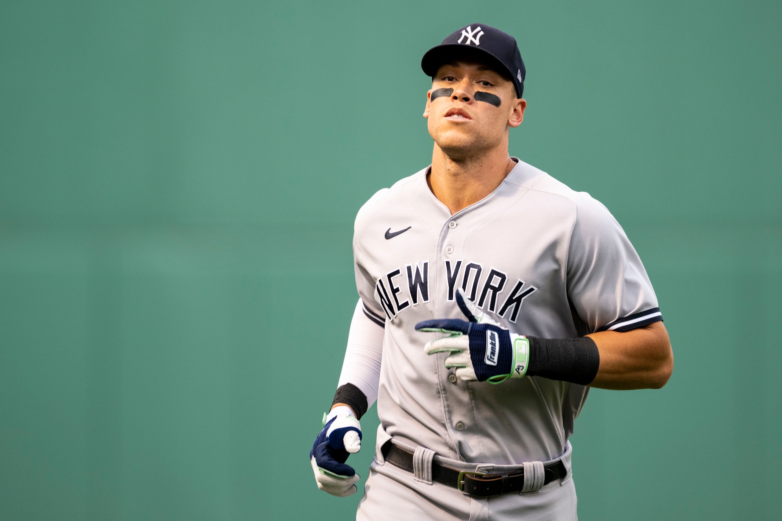 BOSTON, MA - JULY 8: Aaron Judge #99 of the New York Yankees warms up before a game against the Boston Red Sox on July 8, 2022 at Fenway Park in Boston, Massachusetts. (Photo by Billie Weiss/Boston Red Sox/Getty Images)