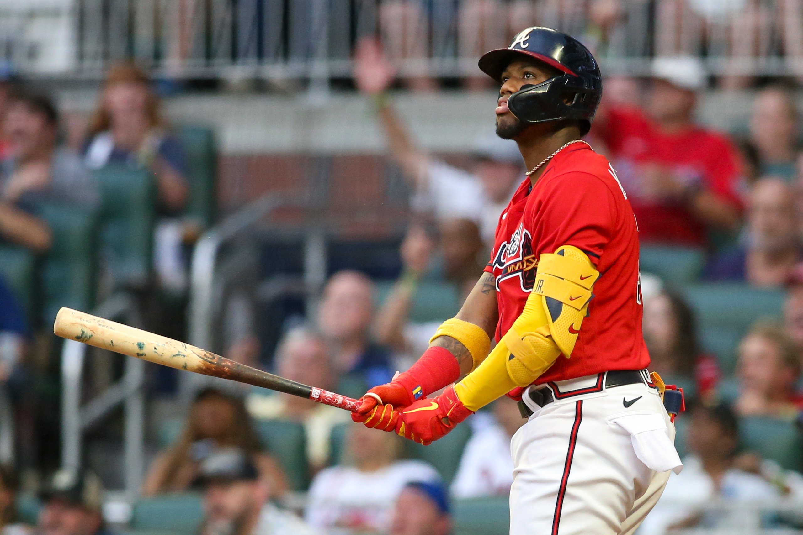 ATLANTA, GA - JULY 08: Ronald Acuna Jr. #13 of the Atlanta Braves shows emotion after a three-run home run against the Washington Nationals in the second inning at Truist Park on July 8, 2022 in Atlanta, Georgia. (Photo by Brett Davis/Getty Images)