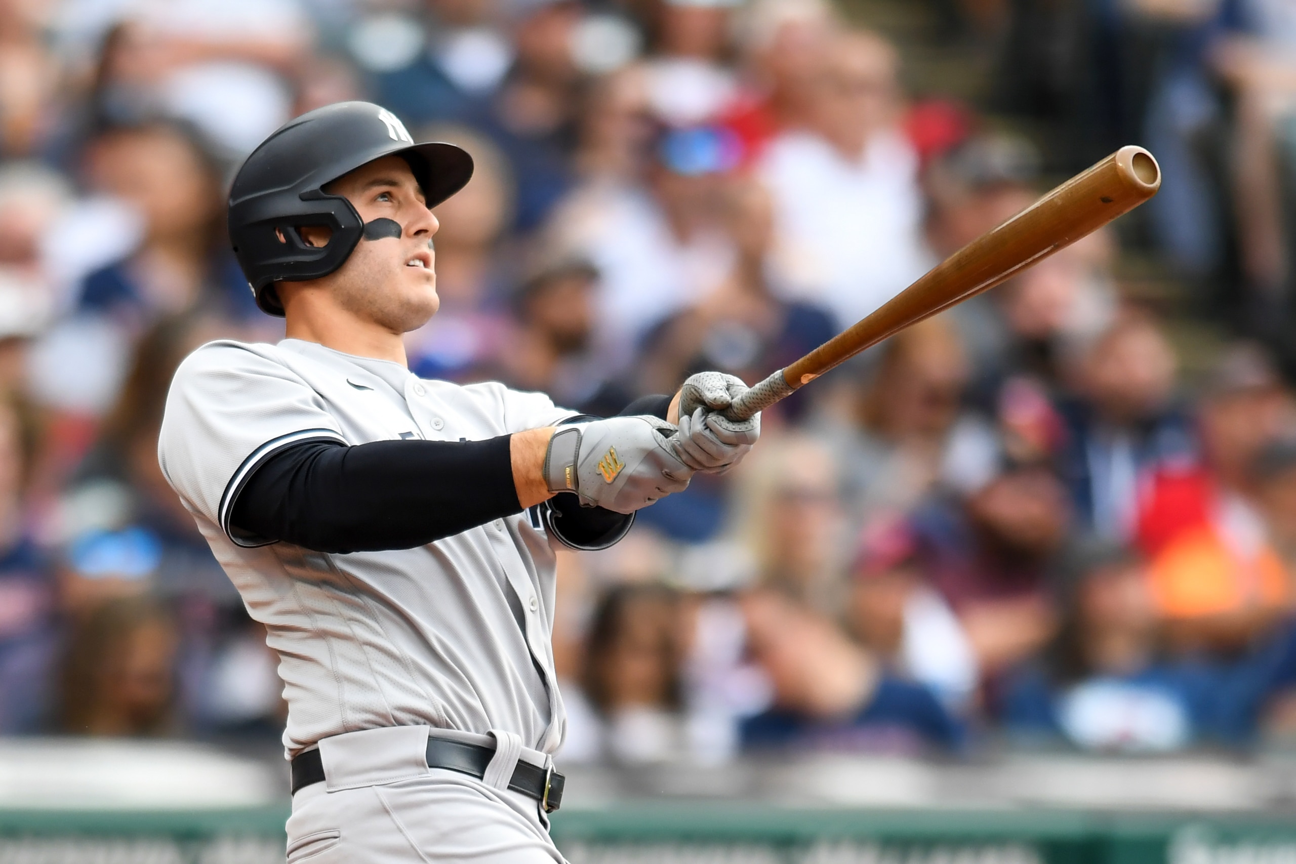 CLEVELAND, OH - JULY 02: Anthony Rizzo #48 of the New York Yankees hits a solo home run off Aaron Civale of the Cleveland Guardians during the fourth inning in game two of a doubleheader at Progressive Field on July 2, 2022 in Cleveland, Ohio. (Photo by Nick Cammett/Getty Images)