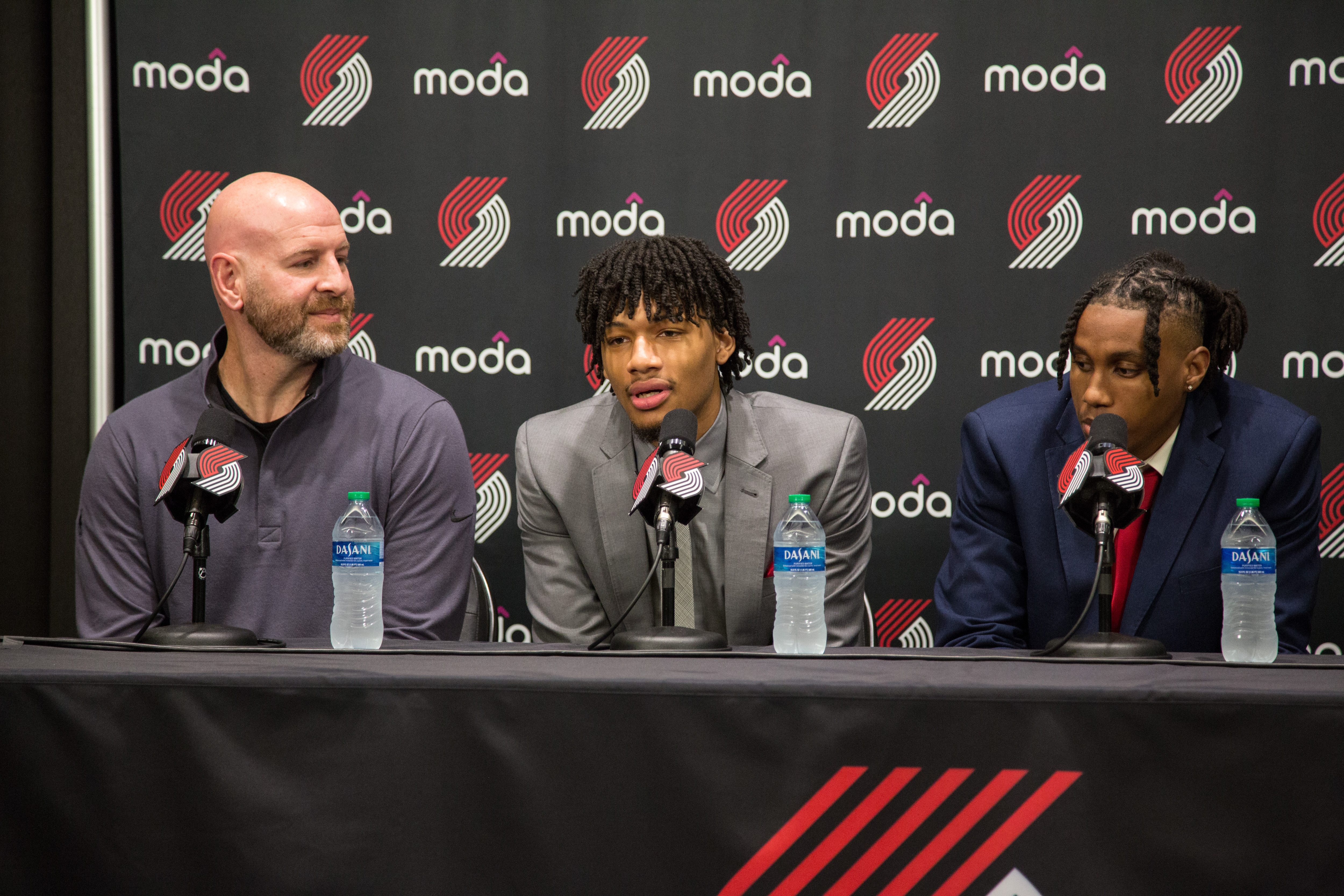 PORTLAND, OR - June 25: General Manager Joe Cronin of the Portland Trail Blazers introduces the draft picks Shaedon Sharpe and Jabari Walker at the team's practice facility June 25, 2022 in Portland, Oregon. NOTE TO USER: User expressly acknowledges and agrees that, by downloading and or using this photograph, user is consenting to the terms and conditions of the Getty Images License Agreement. Mandatory Copyright Notice: Copyright 2022 NBAE (Photo by Sam Forencich/NBAE via Getty Images)