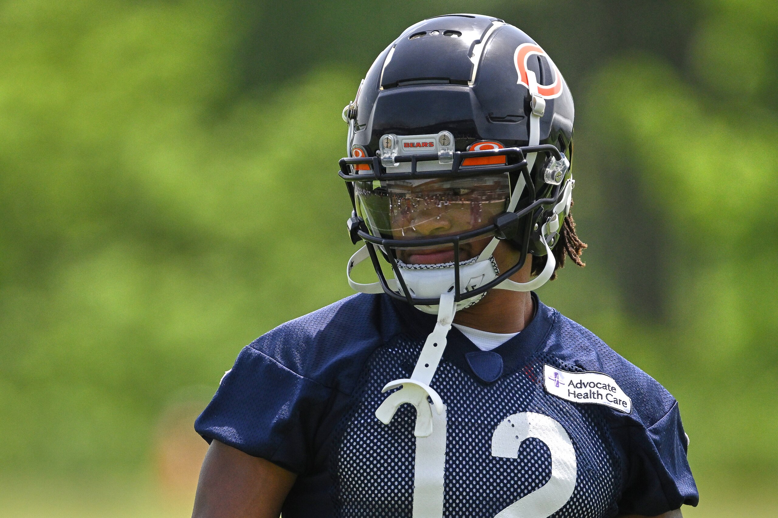 LAKE FOREST, IL - JUNE 15: Chicago Bears wide receiver Velus Jones Jr. (12) looks on during the the Chicago Bears Minicamp on June 15, 2022 at Halas Hall in Lake Forest, IL. (Photo by Robin Alam/Icon Sportswire via Getty Images)