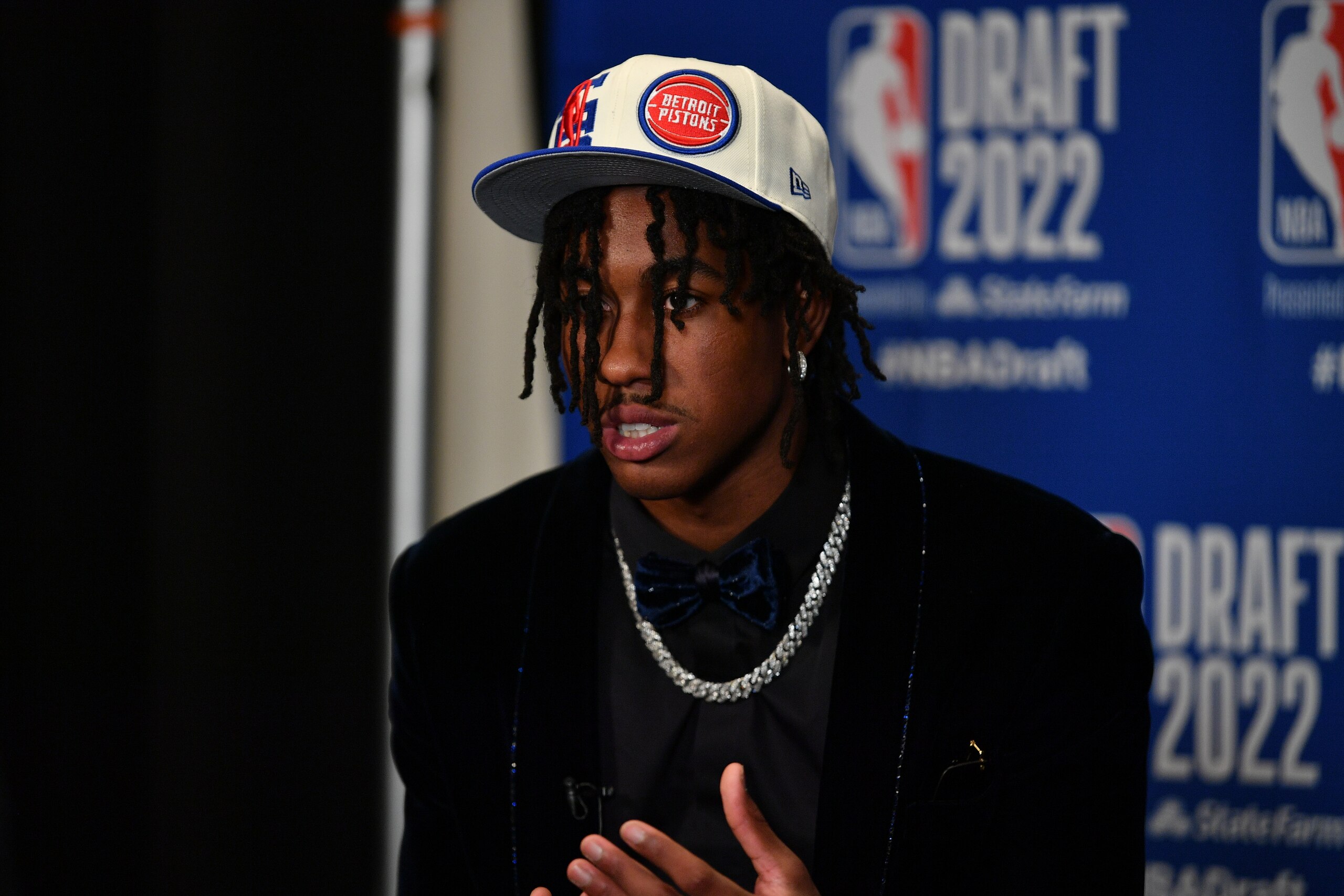 BROOKLYN, NY - JUNE 23: Jaden Ivey talks to the media after being selected by the Detroit Pistons during the 2022 NBA Draft on June 23, 2022 at Barclays Center in Brooklyn, New York. NOTE TO USER: User expressly acknowledges and agrees that, by downloading and or using this photograph, User is consenting to the terms and conditions of the Getty Images License Agreement. Mandatory Copyright Notice: Copyright 2022 NBAE (Photo by Catalina Fragoso/NBAE via Getty Images)