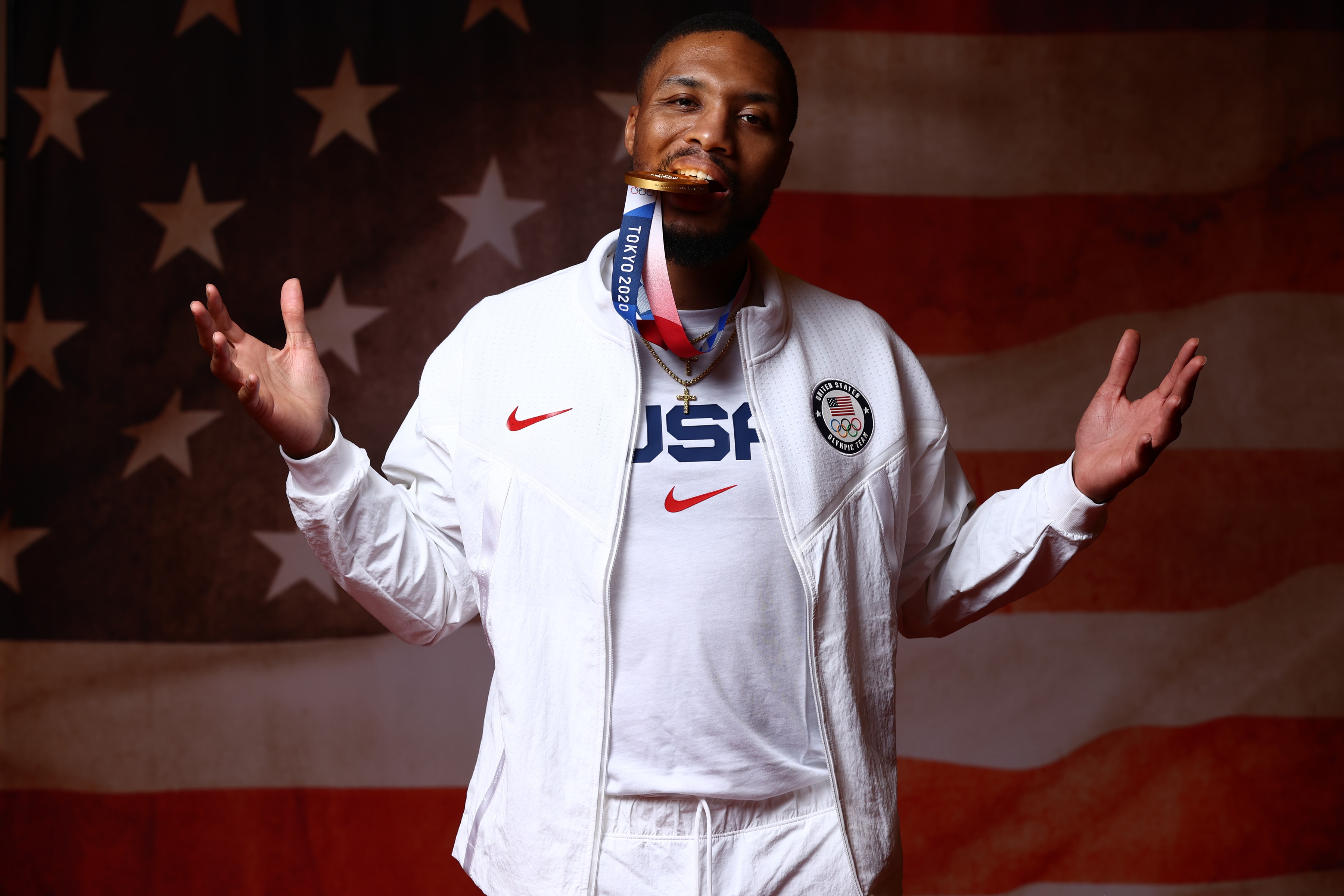 TOKYO, JAPAN - AUGUST 7:  Damian Lillard #6 of the USA Men's National Team poses for a portrait after winning the gold medal during the 2020 Tokyo Olympics on August 7, 2021 in Tokyo, Japan. NOTE TO USER: User expressly acknowledges and agrees that, by downloading and/or using this Photograph, user is consenting to the terms and conditions of the Getty Images License Agreement. Mandatory Copyright Notice: Copyright 2021 NBAE (Photo by Ned Dishman/NBAE via Getty Images)