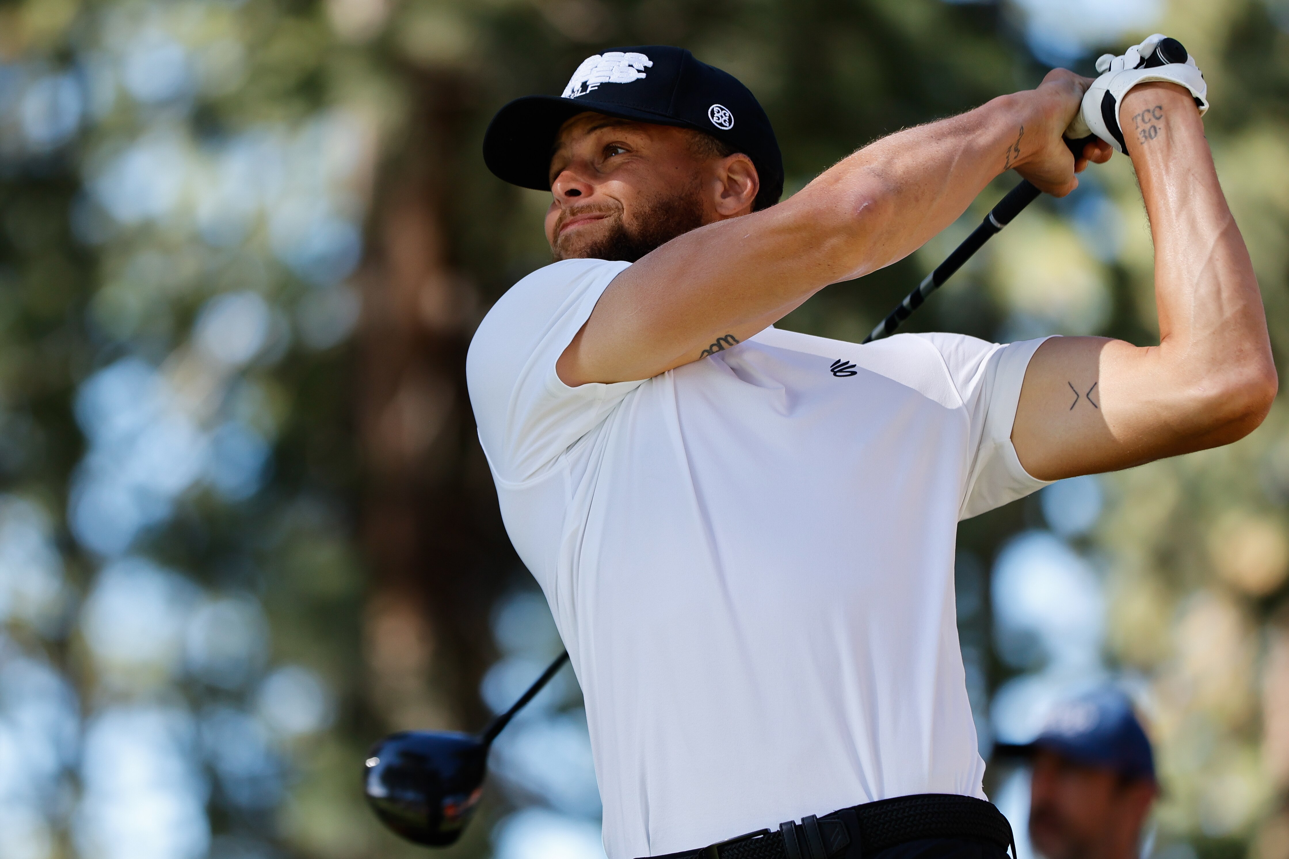 STATELINE, NV - JULY 09: NBA basketball player Stephen Curry plays his shot from the second tee during Round Two of the 2022 American Century Championship at Edgewood Tahoe Golf Course on July 9, 2022 in Stateline, Nevada. (Photo by Isaiah Vazquez/Clarkson Creative/Getty Images)