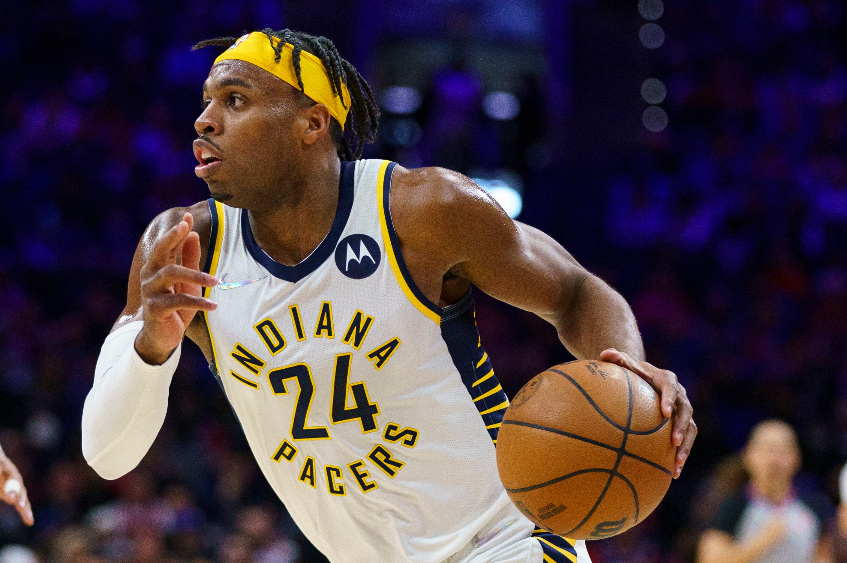 Indiana Pacers' Buddy Hield in action during an NBA basketball game against the Philadelphia 76ers, Saturday, April 9, 2022, in Philadelphia. The 76ers won 133-120. (AP Photo/Chris Szagola)