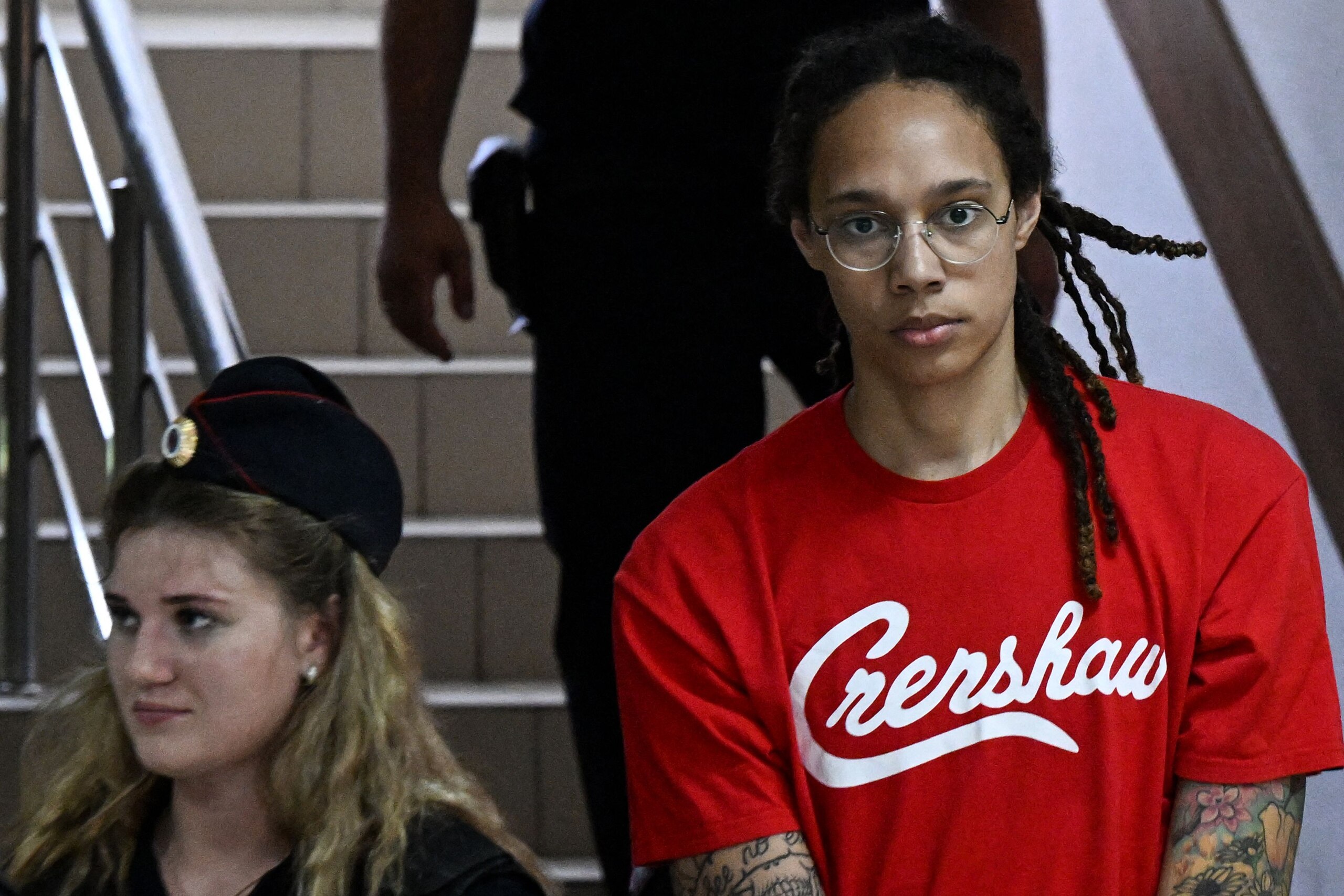 US WNBA basketball superstar Brittney Griner arrives to a hearing at the Khimki Court, outside Moscow on July 7, 2022. - Griner, a two-time Olympic gold medallist and WNBA champion, was detained at Moscow airport in February on charges of carrying in her luggage vape cartridges with cannabis oil, which could carry a 10-year prison sentence. (Photo by Kirill KUDRYAVTSEV / AFP) (Photo by KIRILL KUDRYAVTSEV/AFP via Getty Images)