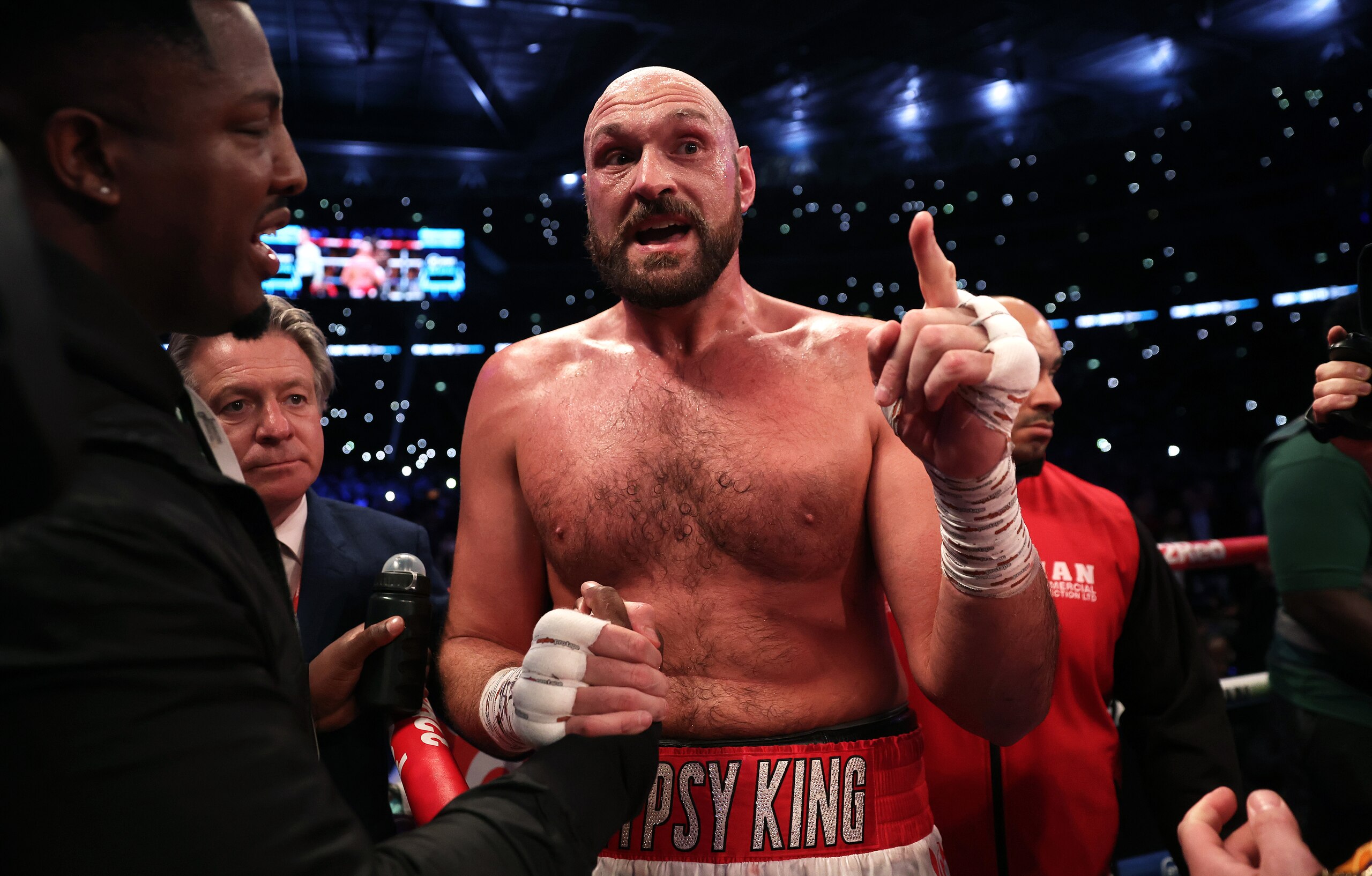 LONDON, ENGLAND - APRIL 23: Tyson Fury talks with Dillian Whyte's corner following the WBC World Heavyweight Title Fight between Tyson Fury and Dillian Whyte at Wembley Stadium on April 23, 2022 in London, England. (Photo by Julian Finney/Getty Images) LONDON, ENGLAND - APRIL 23: Tyson Fury talks with Dillian Whyte's corner following the WBC World Heavyweight Title Fight between Tyson Fury and Dillian Whyte at Wembley Stadium on April 23, 2022 in London, England. (Photo by Julian Finney/Getty Images)