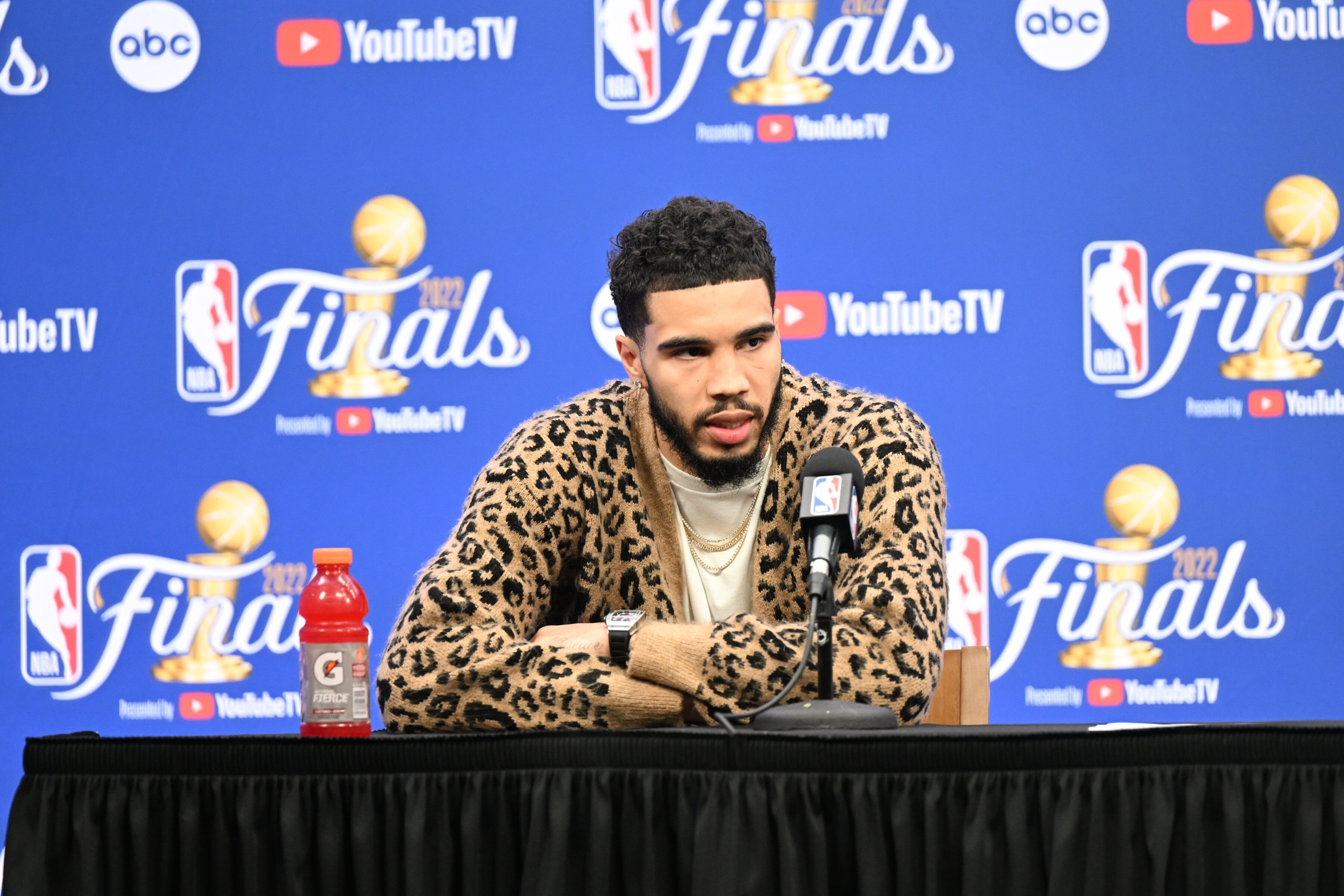 BOSTON, MA - JUNE 16: Jayson Tatum #0 of the Boston Celtics talks to the media after the game against the Golden State Warriors during Game Six of the 2022 NBA Finals on June 16, 2022 at the TD Garden in Boston, Massachusetts. NOTE TO USER: User expressly acknowledges and agrees that, by downloading and or using this photograph, User is consenting to the terms and conditions of the Getty Images License Agreement. Mandatory Copyright Notice: Copyright 2022 NBAE (Photo by Annette Grant/NBAE via Getty Images)