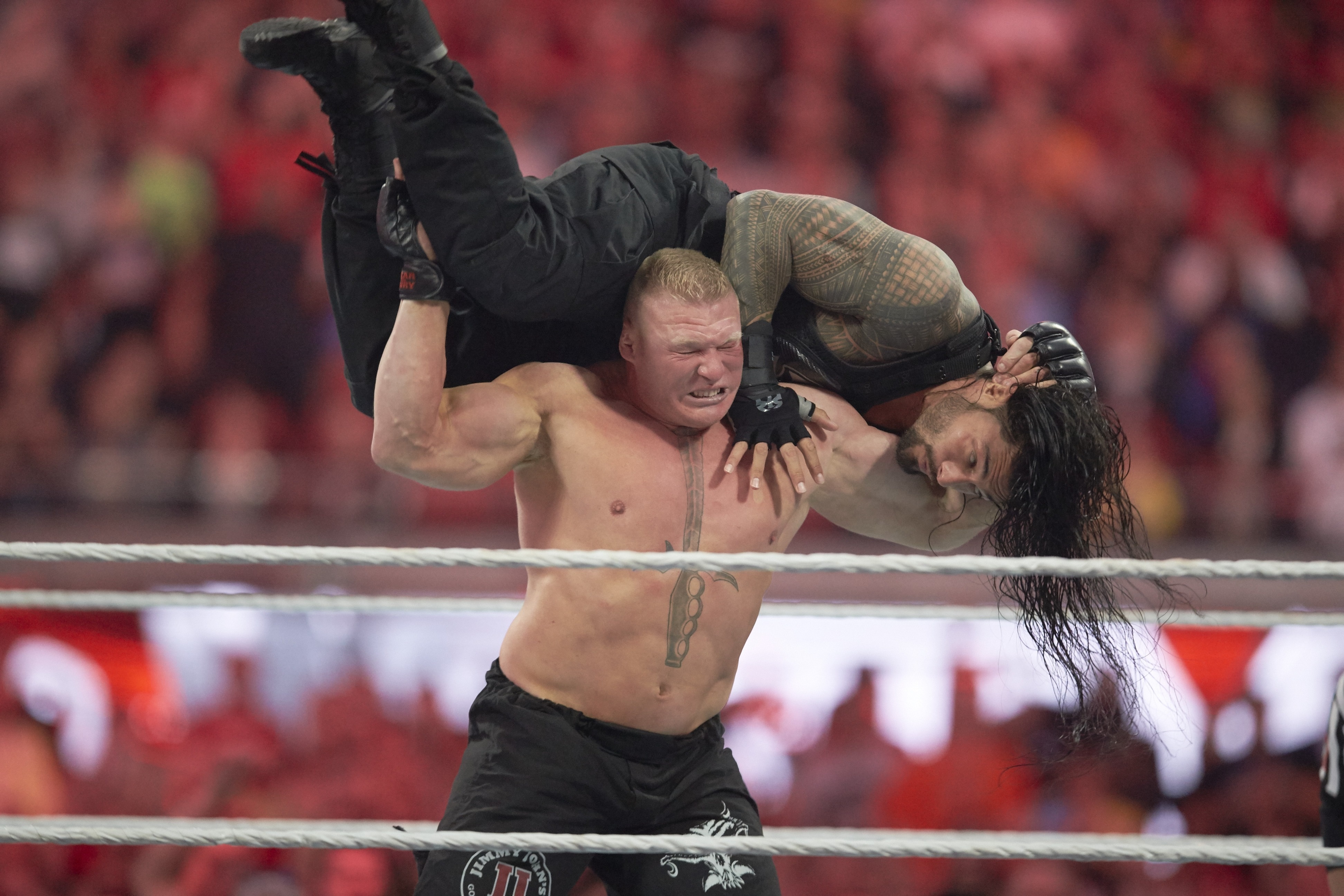 WWE Wrestling: WrestleMania 31: Brock Lesnar in action vs Roman Reigns during event at Levi's Stadium.
Santa Clara, CA 3/29/2015
CREDIT: Jed Jacobsohn (Photo by Jed Jacobsohn /Sports Illustrated via Getty Images)
(Set Number: X159445 TK1 )
