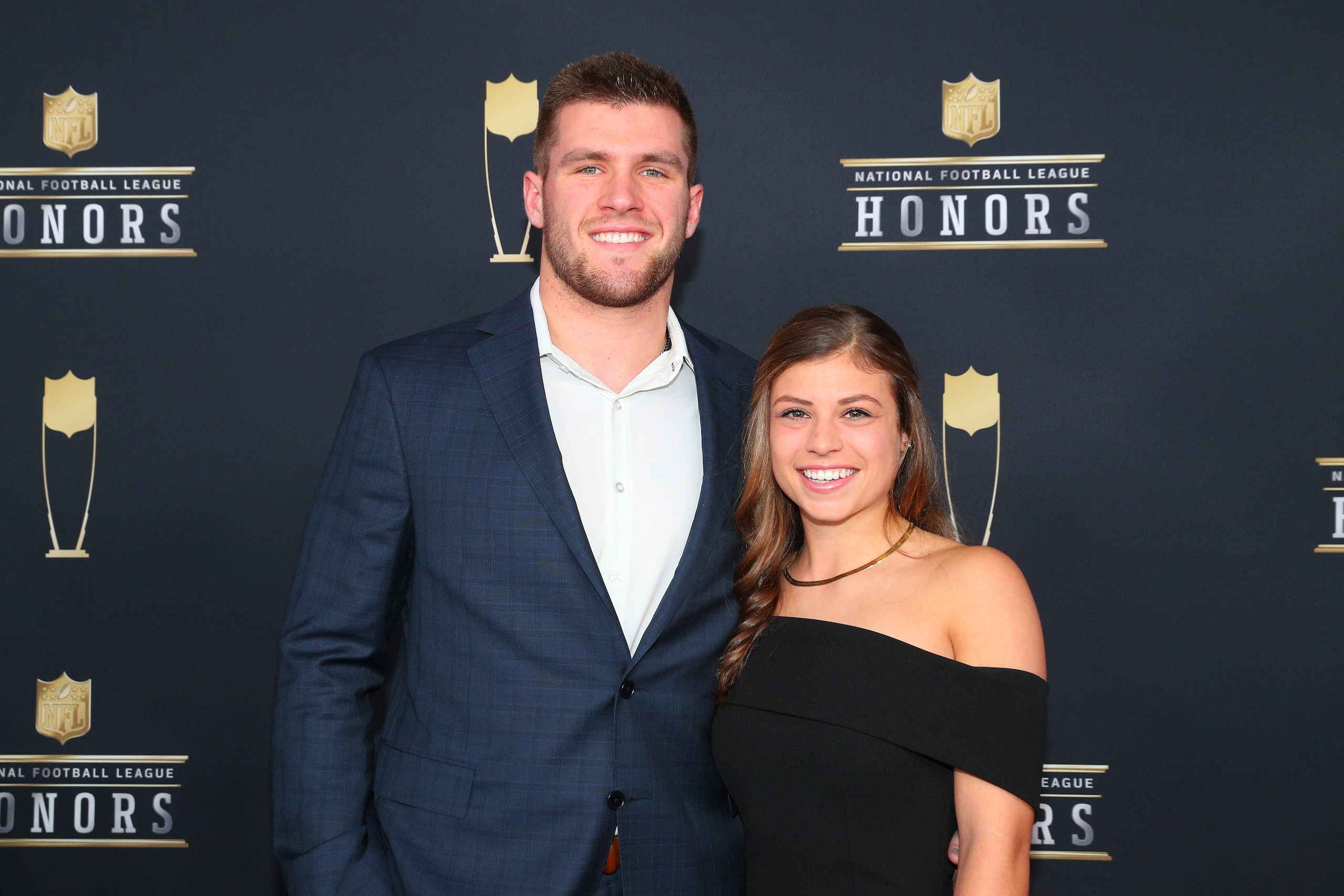 MINNEAPOLIS, MN - FEBRUARY 03: TJ Watt and his girlfriend Dani Rhodes pose for Photographs on the Red Carpet at NFL Honors during Super Bowl LII week on February 3, 2018, at Northrop at the University of Minnesota in Minneapolis, MN. (Photo by Rich Graessle/Icon Sportswire via Getty Images) MINNEAPOLIS, MN - FEBRUARY 03: TJ Watt and his girlfriend Dani Rhodes pose for Photographs on the Red Carpet at NFL Honors during Super Bowl LII week on February 3, 2018, at Northrop at the University of Minnesota in Minneapolis, MN. (Photo by Rich Graessle/Icon Sportswire via Getty Images)