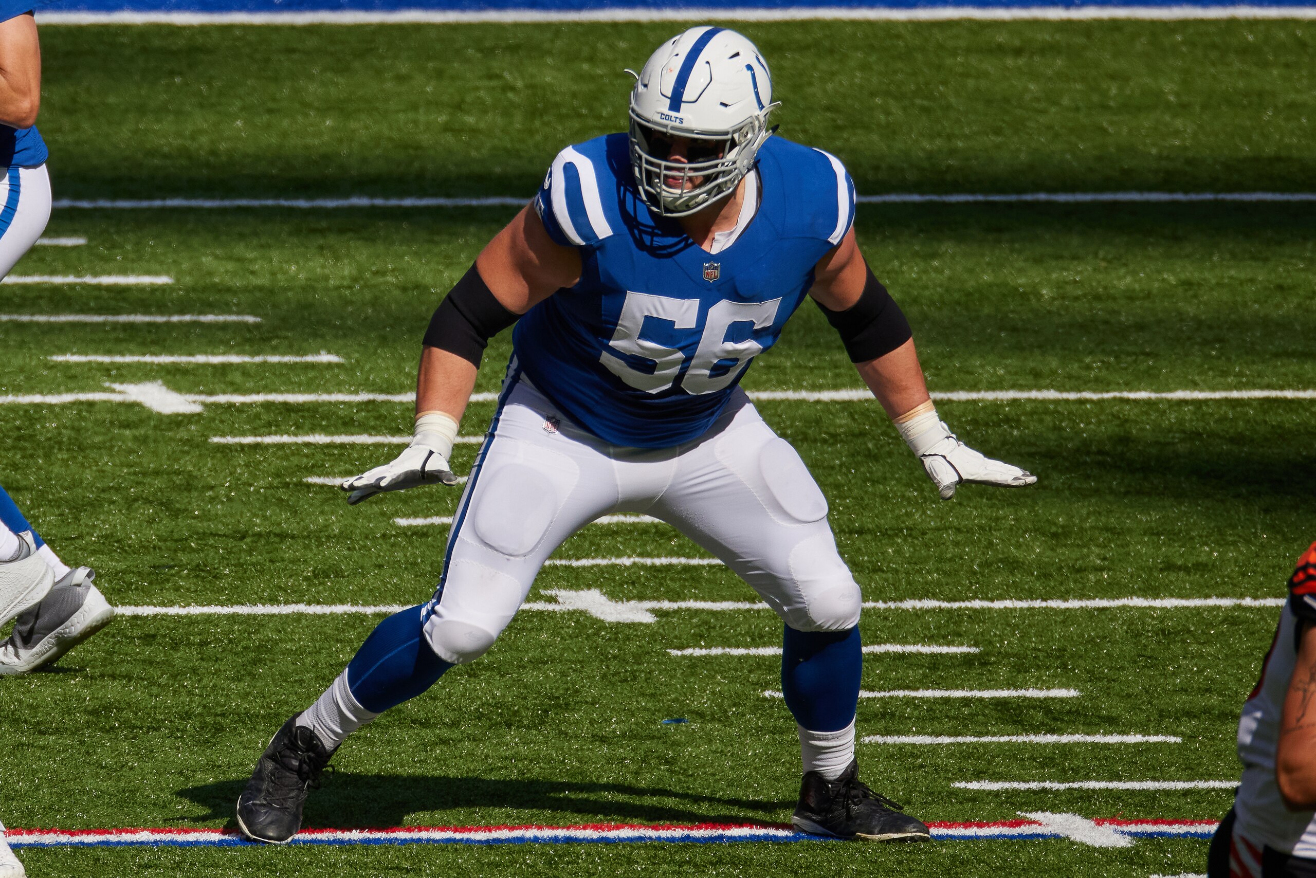 INDIANAPOLIS, IN - OCTOBER 18: Indianapolis Colts Offensive Guard Quenton Nelson (56) in game action during a NFL game between the Indianapolis Colts and the Cincinnati Bengals on October 18, 2020, at Lucas Oil Stadium in Indianapolis, IN. (Photo by MSA/Icon Sportswire via Getty Images)