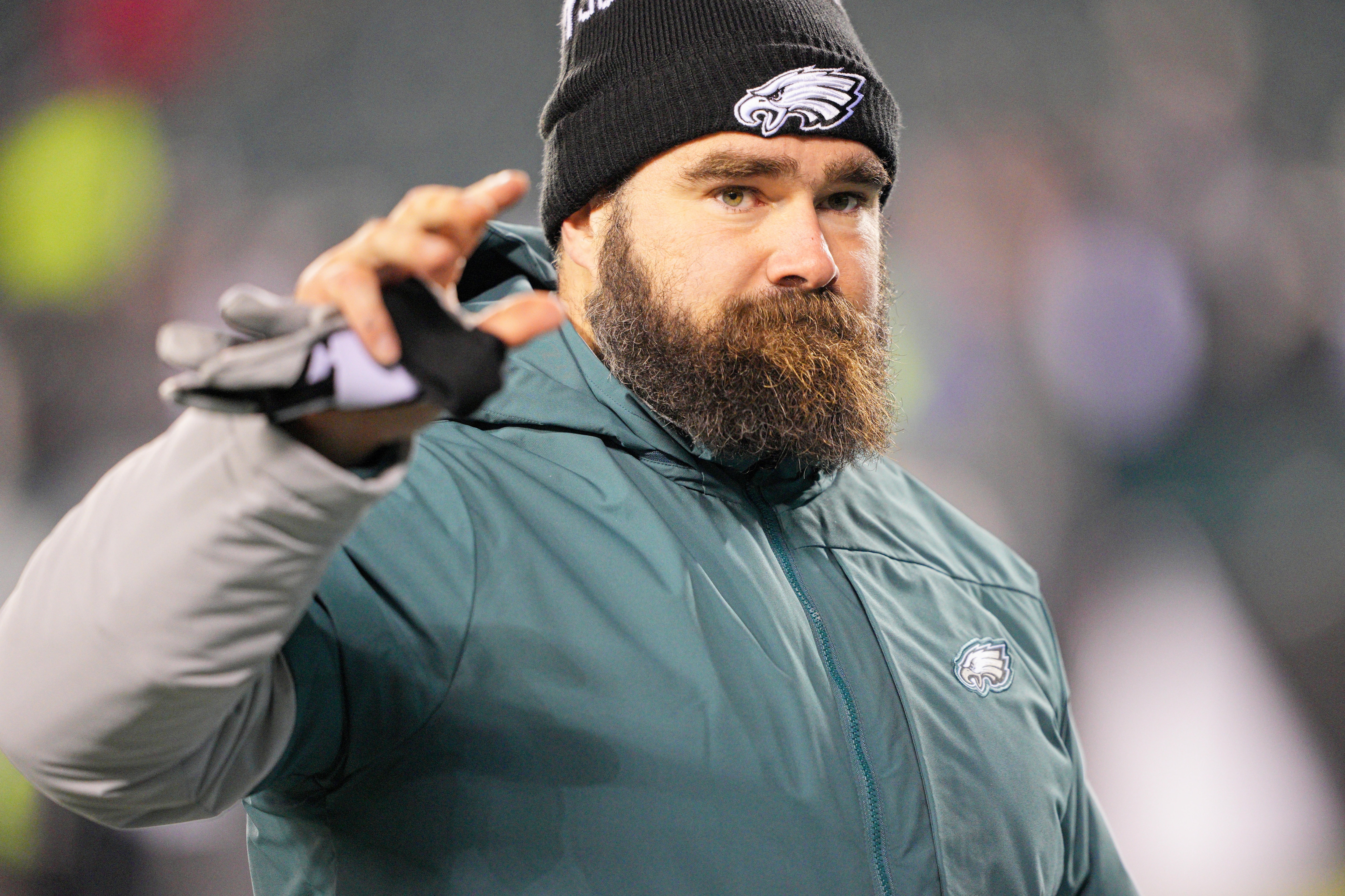 PHILADELPHIA, PA - JANUARY 09: Philadelphia Eagles center Jason Kelce (62) looks on during the game between the Dallas Cowboys and the Philadelphia Eagles on January 8, 2022 at Lincoln Financial Field in Philadelphia, PA. (Photo by Andy Lewis/Icon Sportswire via Getty Images)