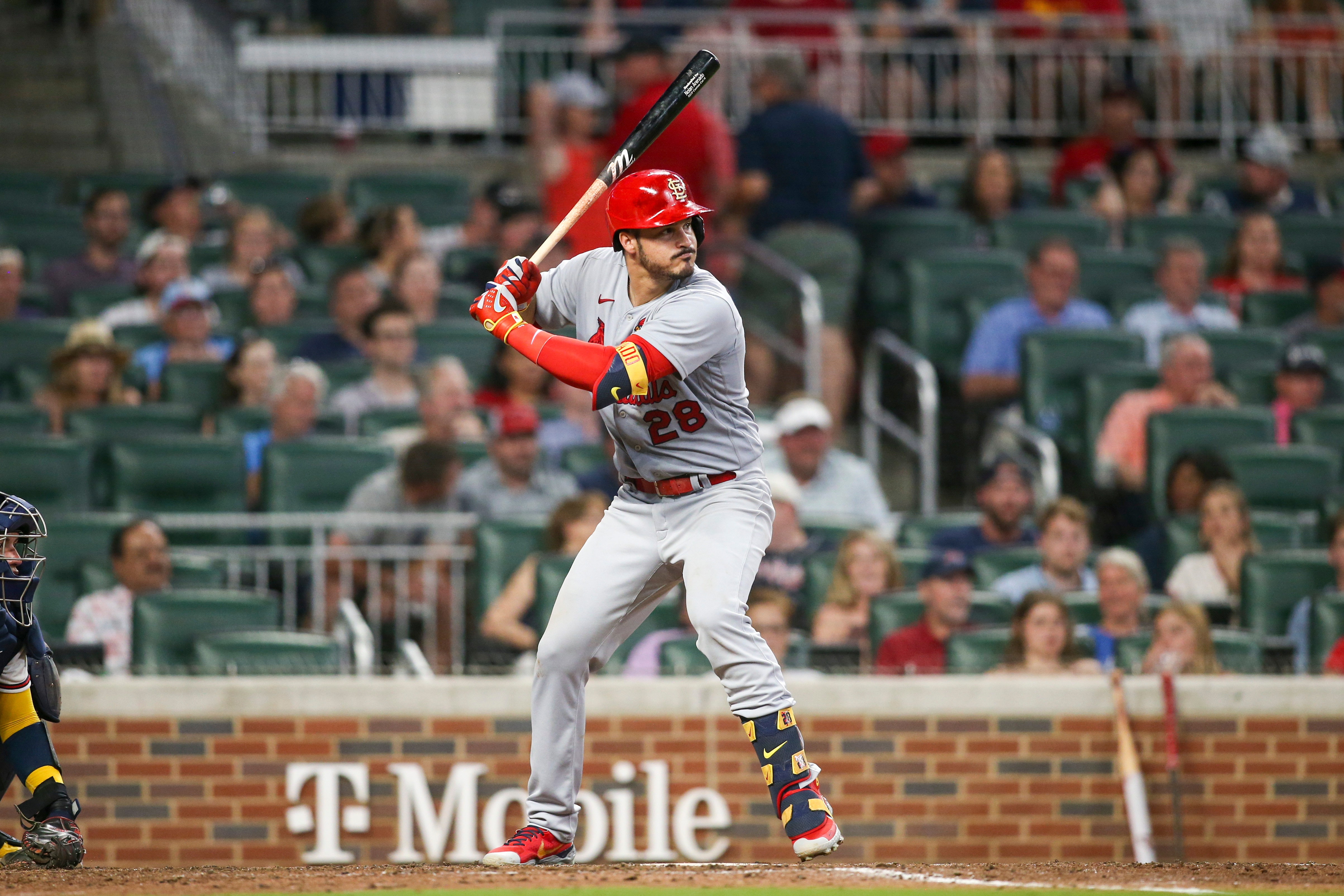 ATLANTA, GA - JULY 05: Nolan Arenado #28 of the St. Louis Cardinals bats against the Atlanta Braves in the seventh inning at Truist Park on July 5, 2022 in Atlanta, Georgia. (Photo by Brett Davis/Getty Images)