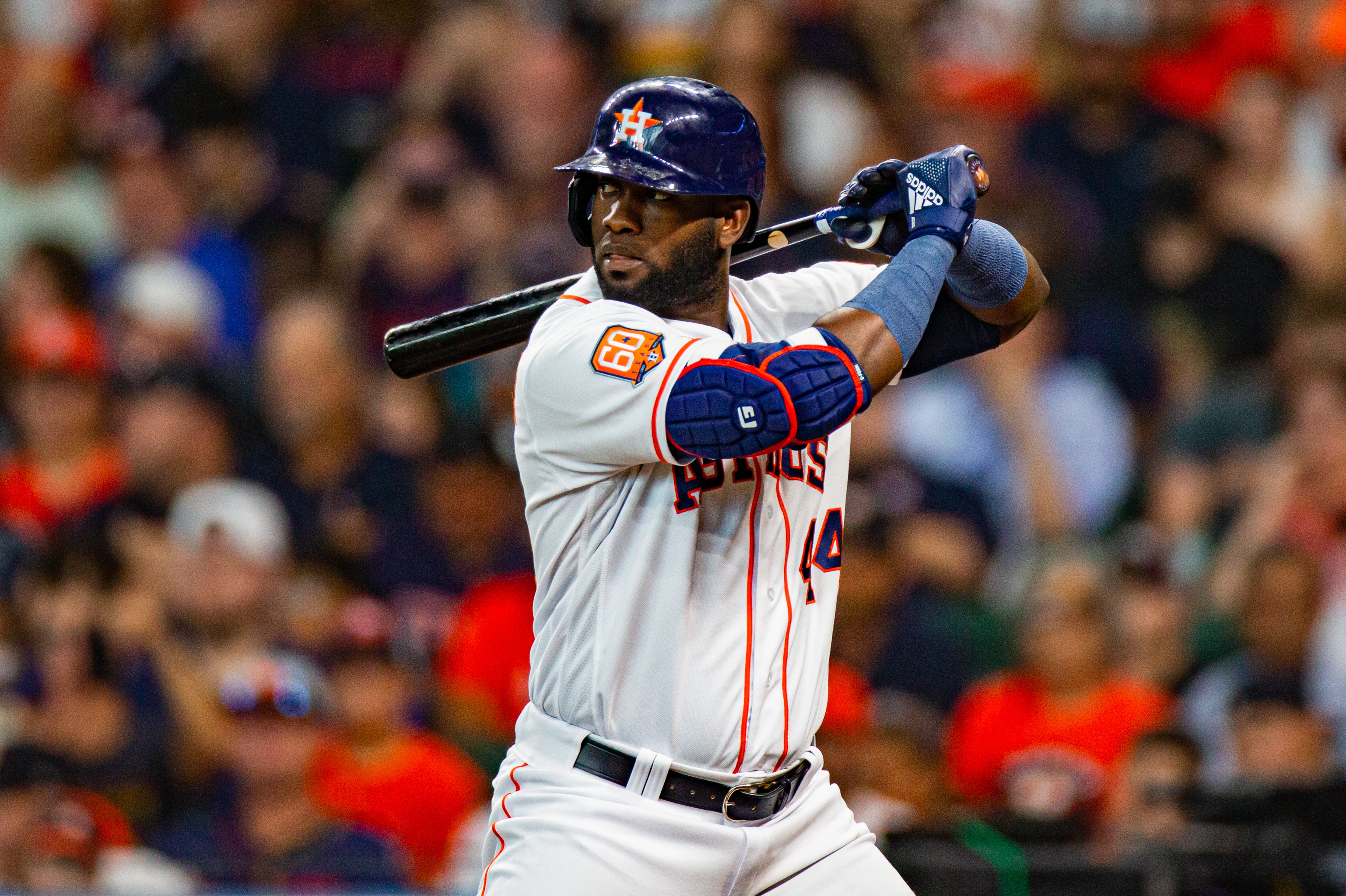 HOUSTON, TX - JULY 02: Houston Astros designated hitter Yordan Alvarez (44) the plate in the first inning of an MLB baseball game between the Houston Astros and the Los Angeles Angels at Minute Maid Park, Saturday, July 2, 2022, in Houston, TX.  (Photo by Juan DeLeon/Icon Sportswire via Getty Images)