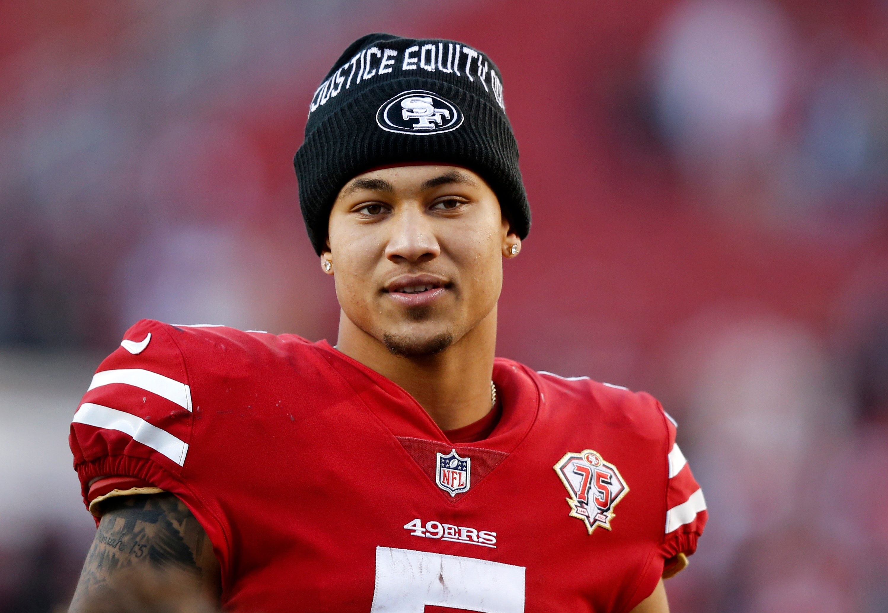 SANTA CLARA, CALIFORNIA - JANUARY 02: Trey Lance #5 of the San Francisco 49ers leaves the field after defeating the Houston Texans 23-7 at Levi's Stadium on January 02, 2022 in Santa Clara, California. (Photo by Lachlan Cunningham/Getty Images)
