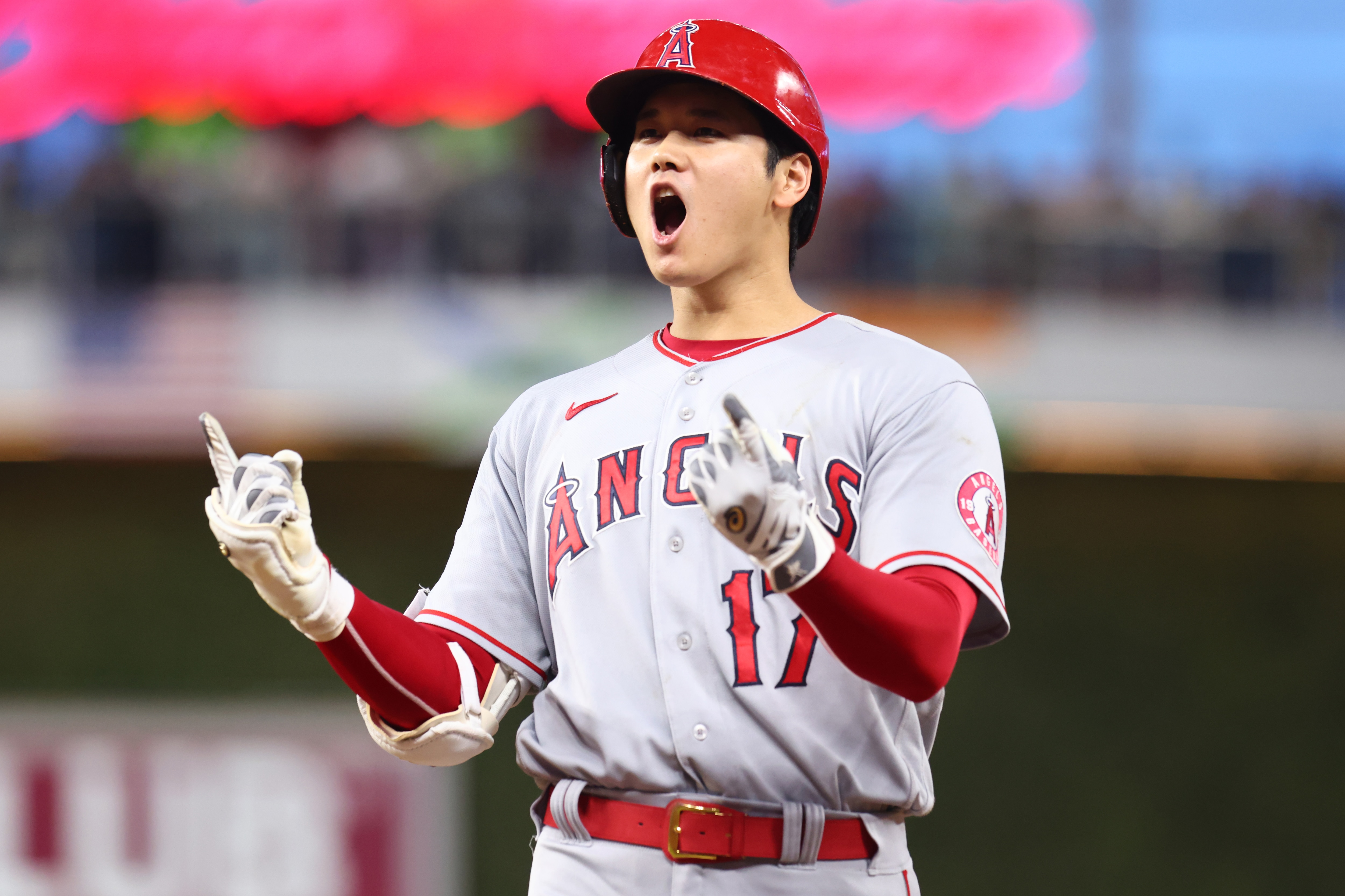 MIAMI, FLORIDA - JULY 06: Shohei Ohtani #17 of the Los Angeles Angels celebrates a two-RBI double against the Miami Marlins during the fifth inning at loanDepot park on July 06, 2022 in Miami, Florida. (Photo by Michael Reaves/Getty Images)