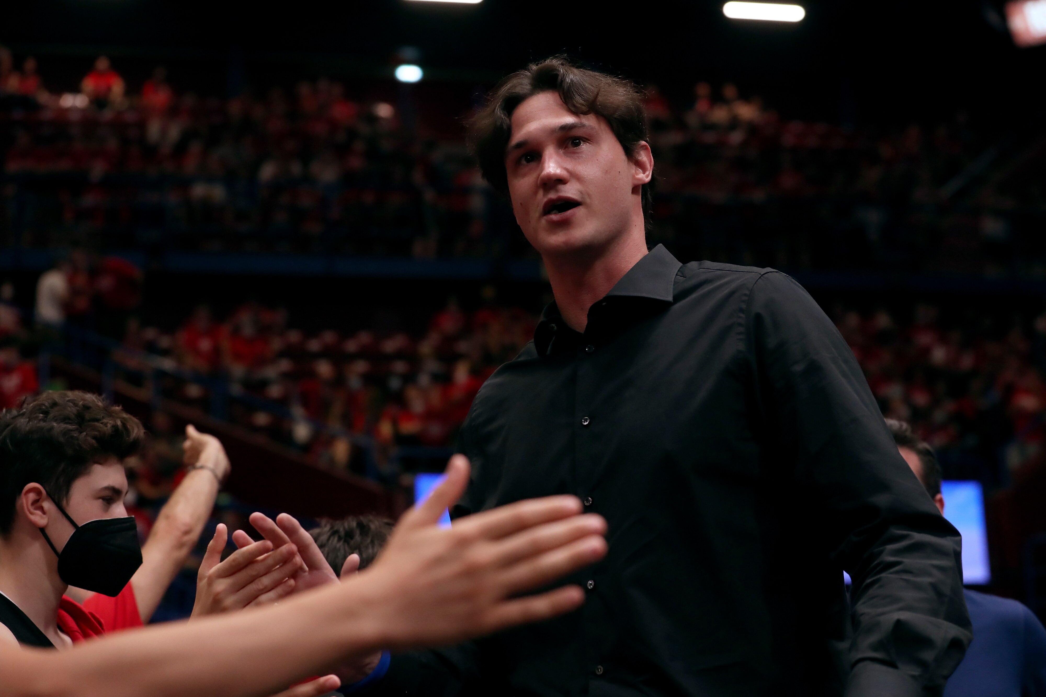 MILAN, ITALY - JUNE 12: Danilo Gallinari #8 of the Atlanta Hawks looks on prior to the LBA Lega Basket Serie A Playoffs Final Game Three match between AX Armani Exchange Olimpia Milano and Virtus Segafredo Bologna at Mediolanum Forum on June 12, 2022 in Milan, Italy. (Photo by Giuseppe Cottini/Getty Images)