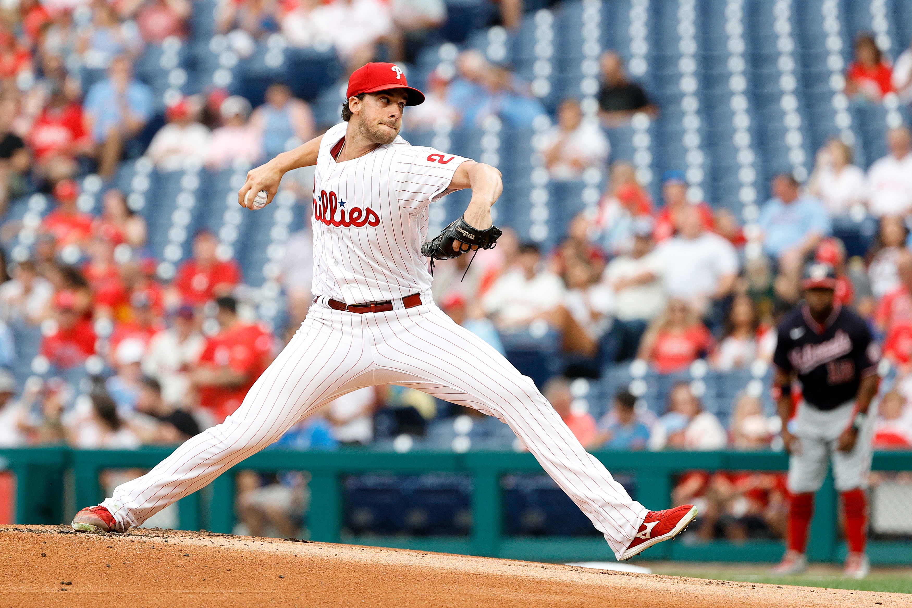 PHILADELPHIA, PENNSYLVANIA - JULY 06: Aaron Nola #27 of the Philadelphia Phillies pitches during the first inning against the Washington Nationals at Citizens Bank Park on July 06, 2022 in Philadelphia, Pennsylvania. (Photo by Tim Nwachukwu/Getty Images)