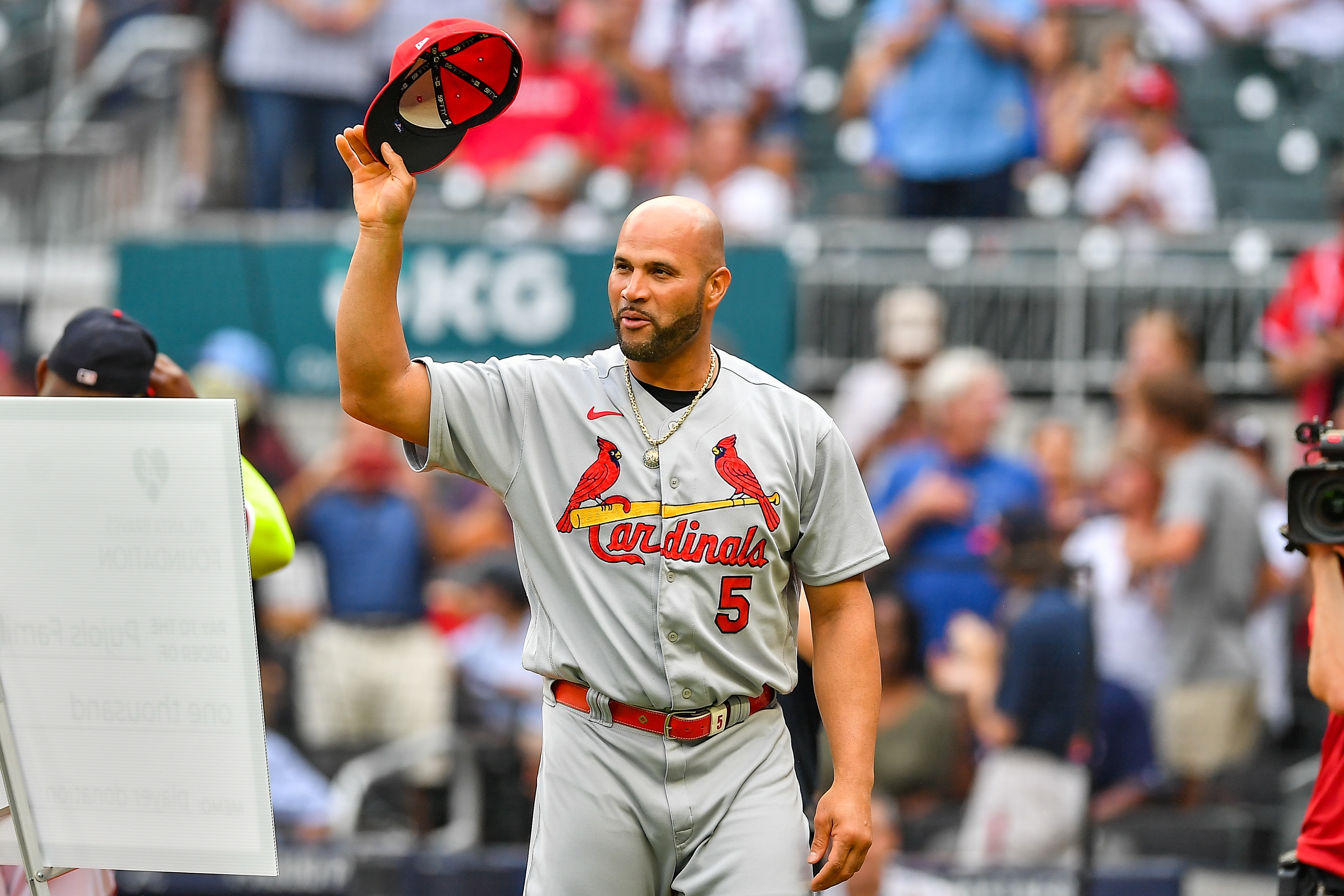 ATLANTA, GA  JULY 07:  St. Louis designated hitter Albert Pujols (5) is honored prior to the start of the MLB game between the St. Louis Cardinals and the Atlanta Braves on July 7th, 2022 at Truist Park in Atlanta, GA. (Photo by Rich von Biberstein/Icon Sportswire via Getty Images)