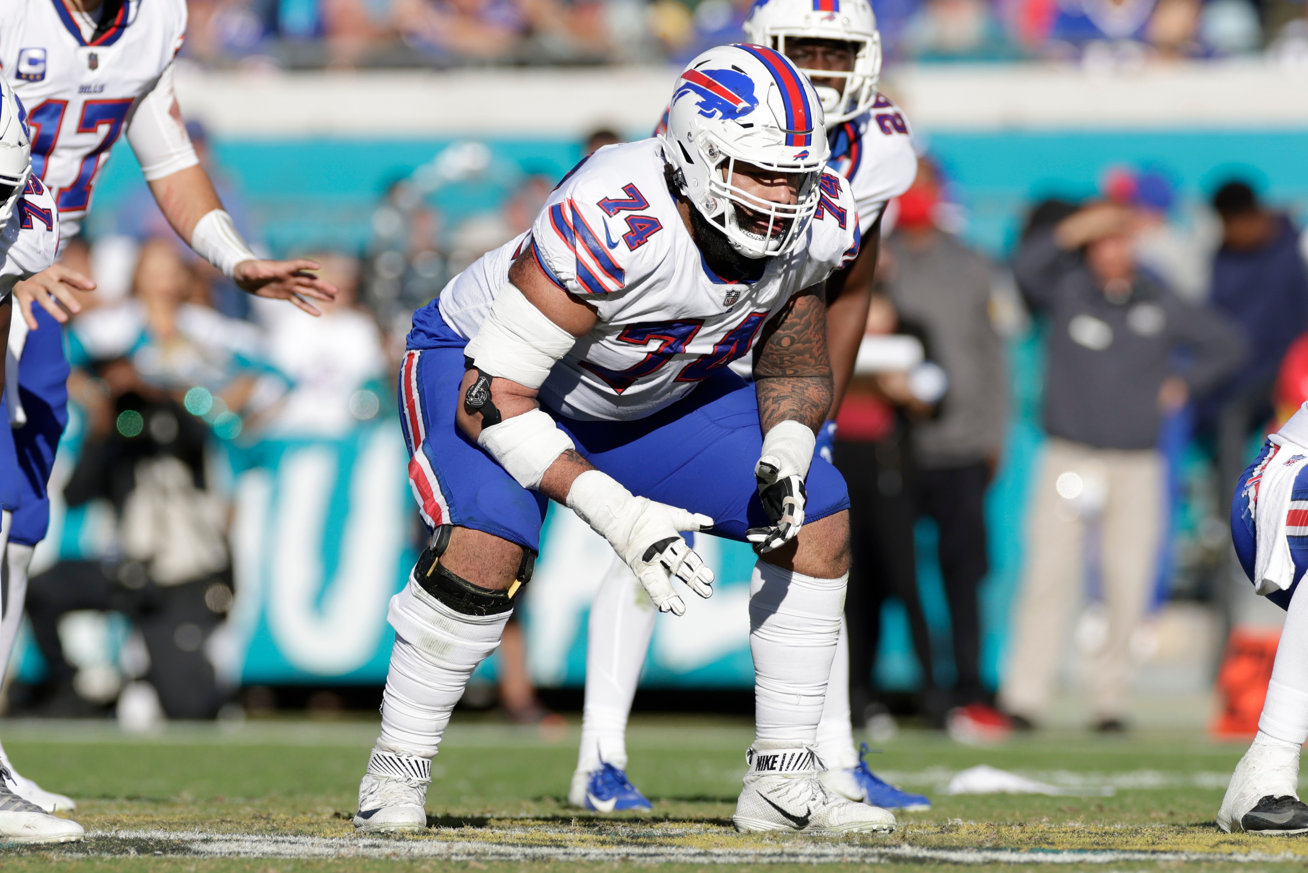JACKSONVILLE, FL - NOVEMBER 07: Buffalo Bills guard Cody Ford (74) during the game between the Buffalo Bills and the Jacksonville Jaguars on November 7, 2021 at TIAA Bank Field in Jacksonville, FL. (Photo by David Rosenblum/Icon Sportswire via Getty Images)
