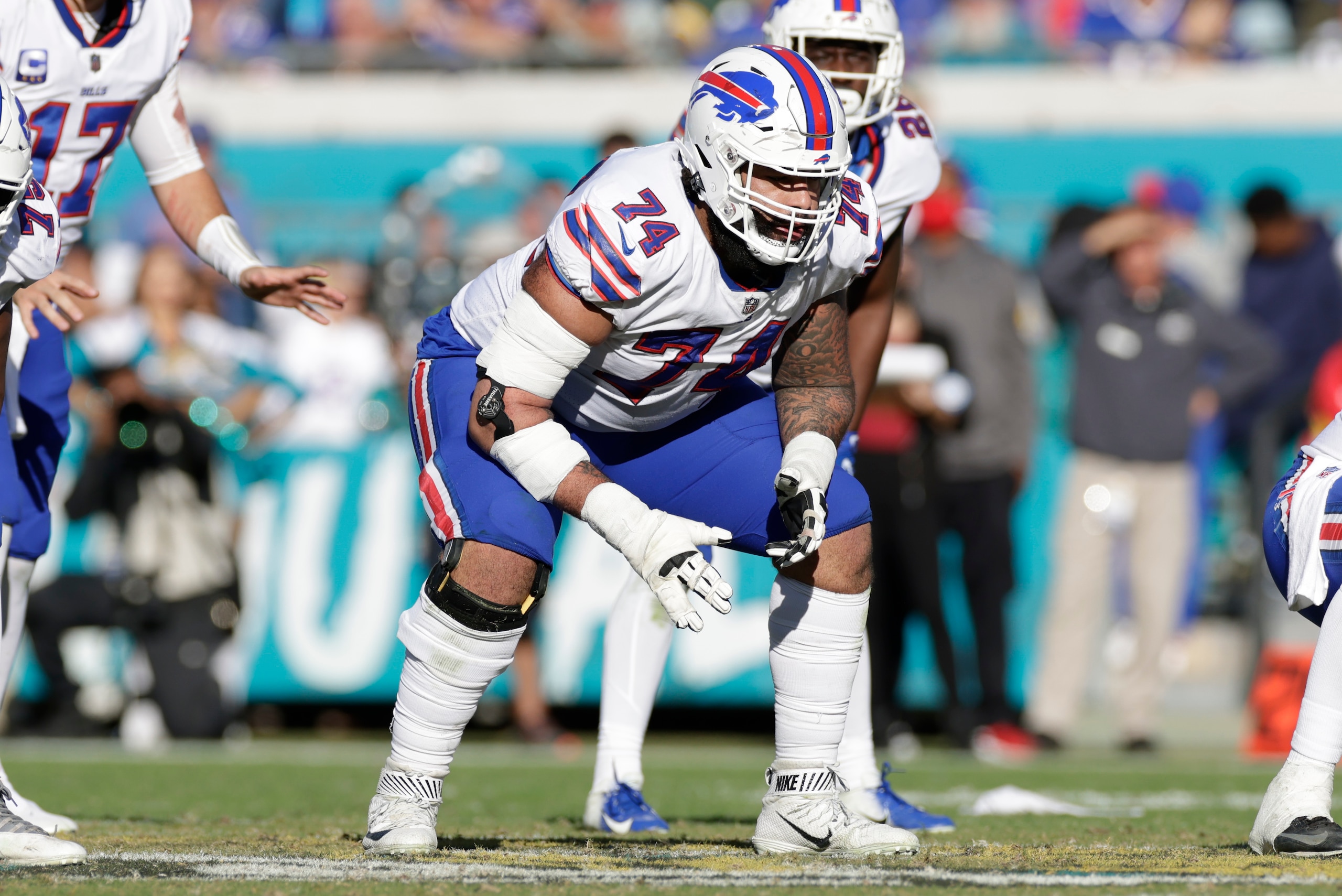 JACKSONVILLE, FL - NOVEMBER 07: Buffalo Bills guard Cody Ford (74) during the game between the Buffalo Bills and the Jacksonville Jaguars on November 7, 2021 at TIAA Bank Field in Jacksonville, FL. (Photo by David Rosenblum/Icon Sportswire via Getty Images) JACKSONVILLE, FL - NOVEMBER 07: Buffalo Bills guard Cody Ford (74) during the game between the Buffalo Bills and the Jacksonville Jaguars on November 7, 2021 at TIAA Bank Field in Jacksonville, FL. (Photo by David Rosenblum/Icon Sportswire via Getty Images)