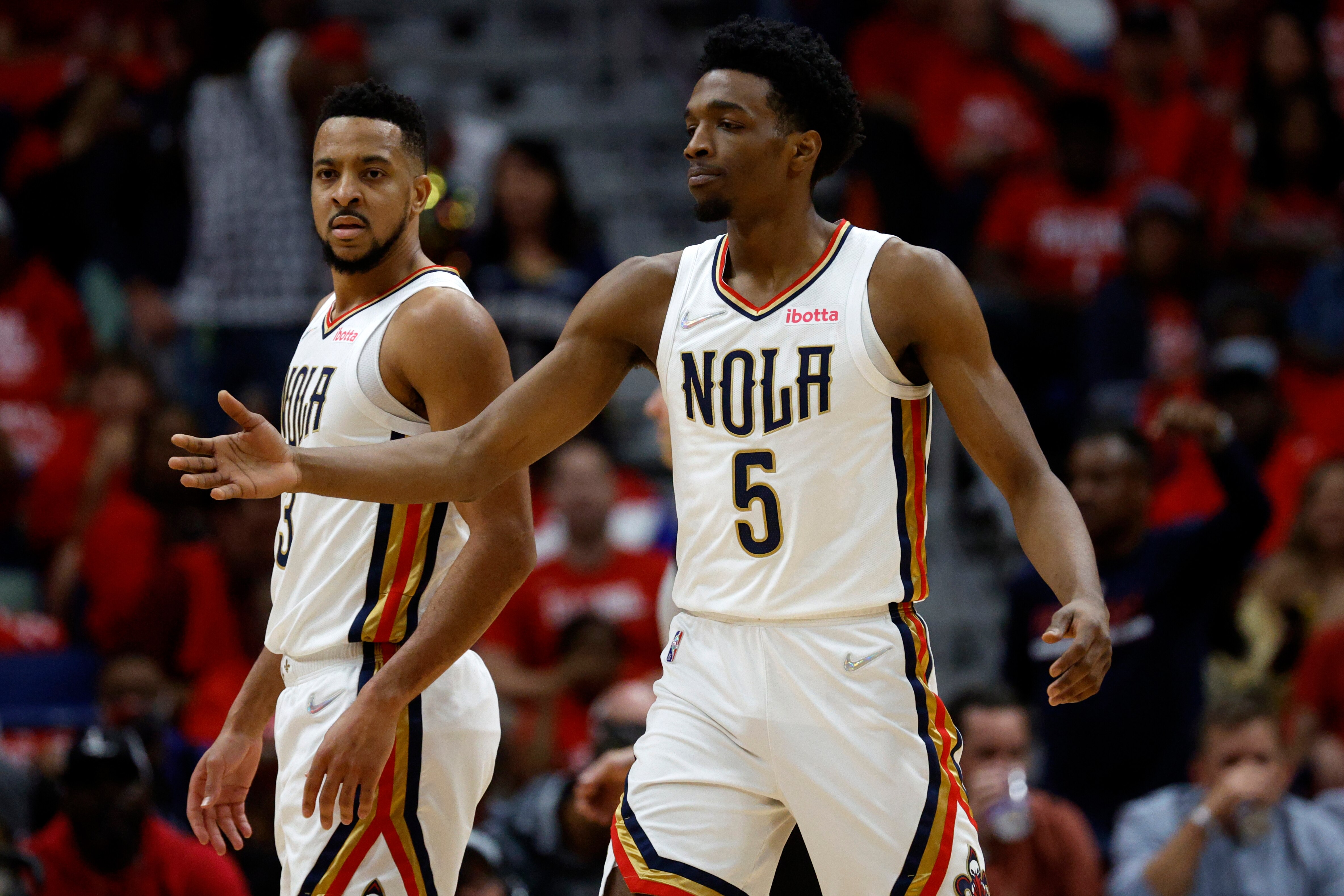 NEW ORLEANS, LOUISIANA - APRIL 28: Herbert Jones #5 of the New Orleans Pelicans reacts after a shot against the Phoenix Suns at Smoothie King Center on April 28, 2022 in New Orleans, Louisiana.  NOTE TO USER: User expressly acknowledges and agrees that, by downloading and or using this Photograph, user is consenting to the terms and conditions of the Getty Images License Agreement.  (Photo by Chris Graythen/Getty Images)