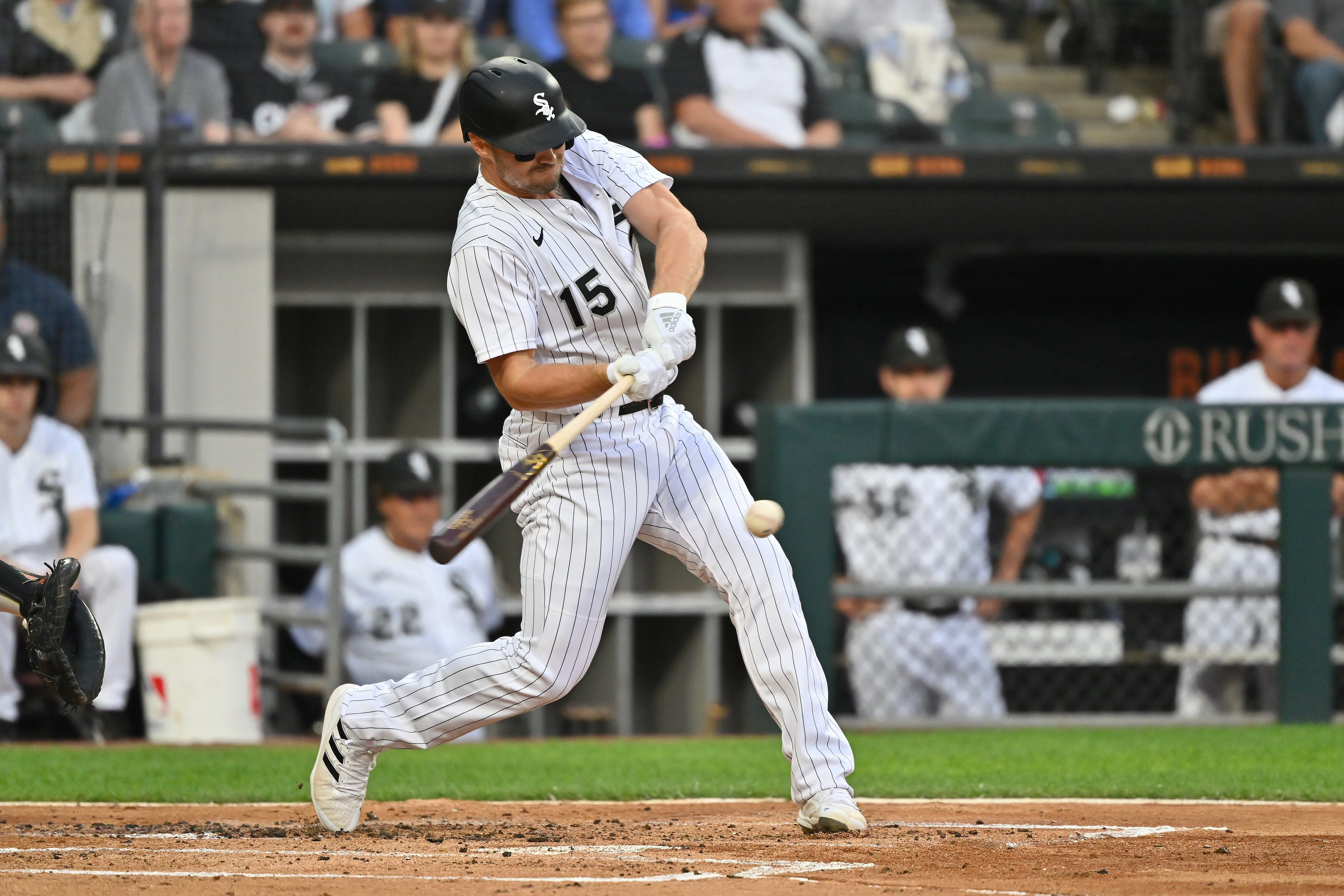 CHICAGO, IL - JULY 08:  Adam Engel #15 of the Chicago White Sox bats against the Detroit Tigers at Guaranteed Rate Field on July 8, 2022 in Chicago, Illinois.  (Photo by Jamie Sabau/Getty Images)