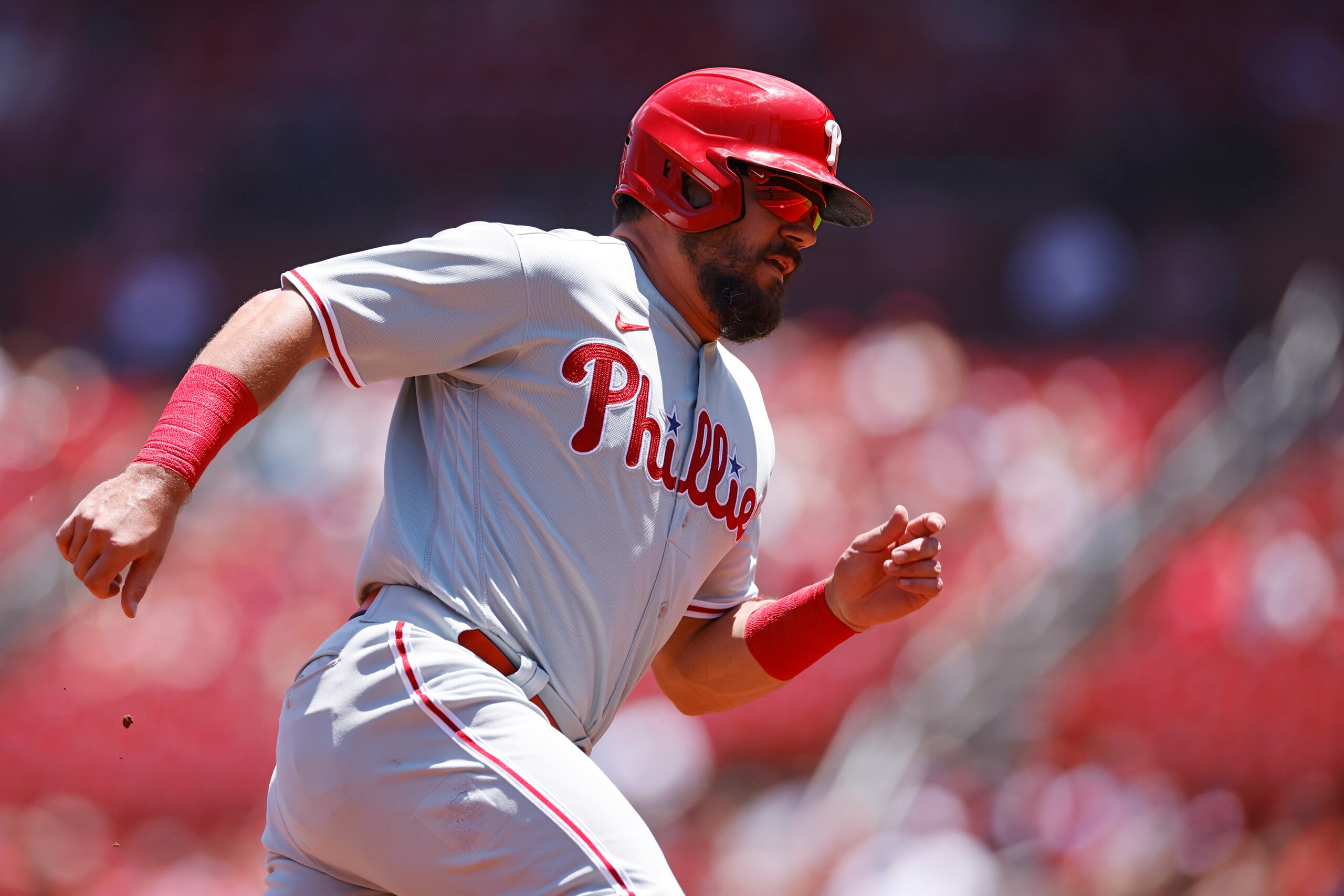 ST. LOUIS, MO - JULY 10: Philadelphia Phillies left fielder Kyle Schwarber (12) runs around the bases to score after a single by right fielder Nick Castellanos in the first inning of an MLB game against the St. Louis Cardinals on July 10, 2022 at Busch Stadium in St. Louis, Missouri. (Photo by Joe Robbins/Icon Sportswire via Getty Images)