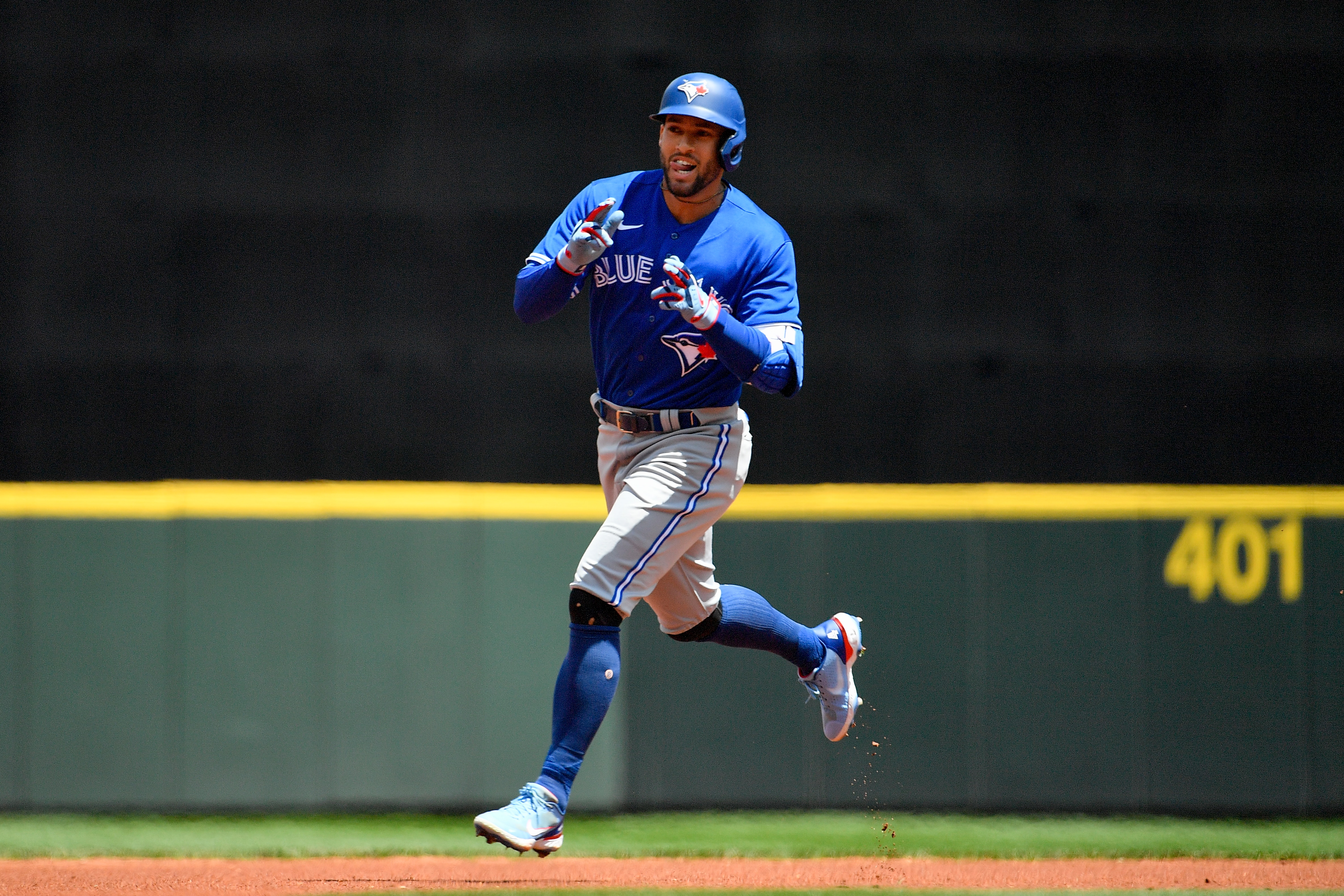 SEATTLE, WASHINGTON - JULY 10: George Springer #4 of the Toronto Blue Jays gestures after hitting a solo home run during the first inning against the Seattle Mariners at T-Mobile Park on July 10, 2022 in Seattle, Washington. (Photo by Alika Jenner/Getty Images)