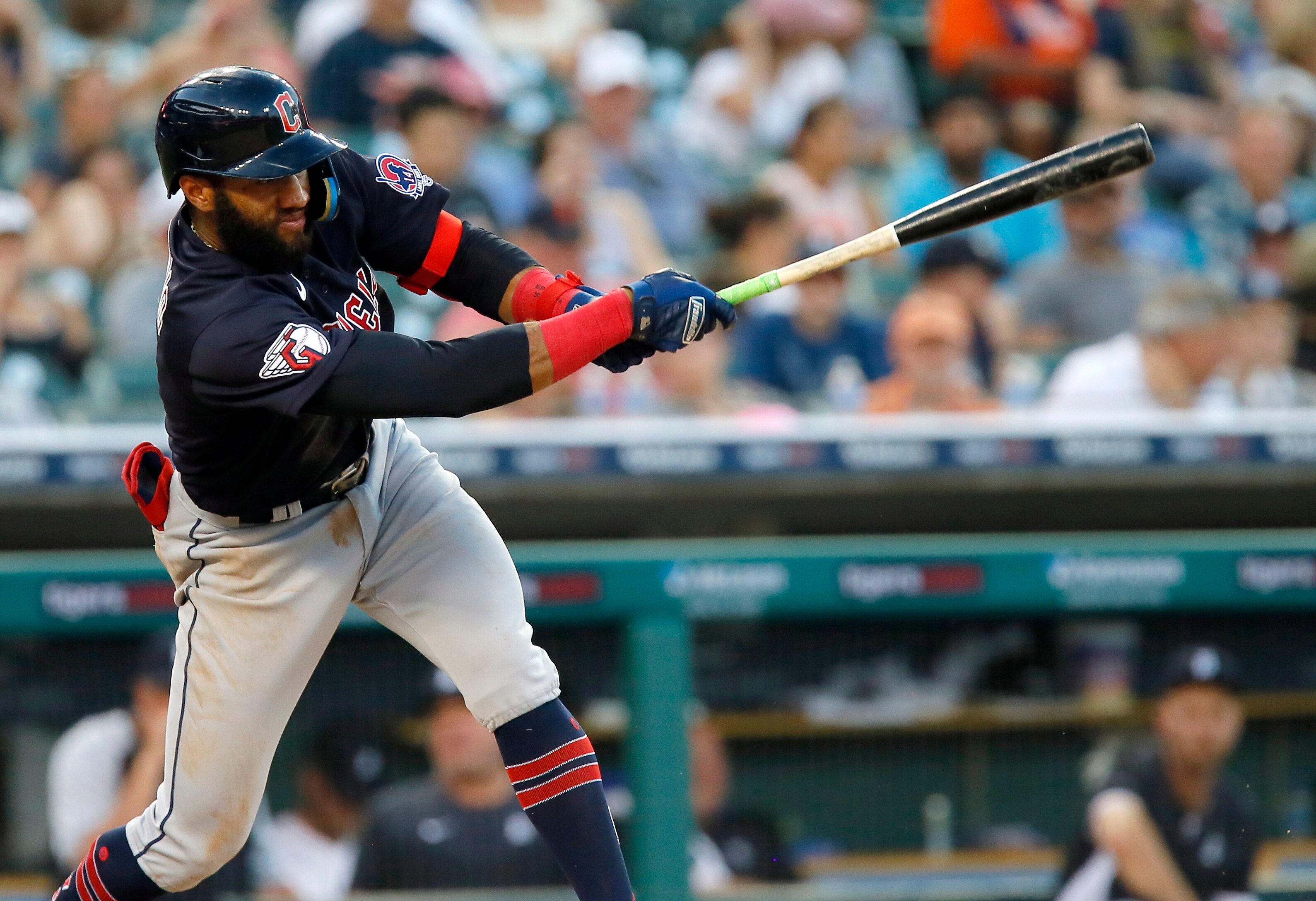 DETROIT, MI -  JULY 5:  Amed Rosario #1 of the Cleveland Guardians bats against the Detroit Tigers during the fifth inning at Comerica Park on July 5, 2022, in Detroit, Michigan. (Photo by Duane Burleson/Getty Images)