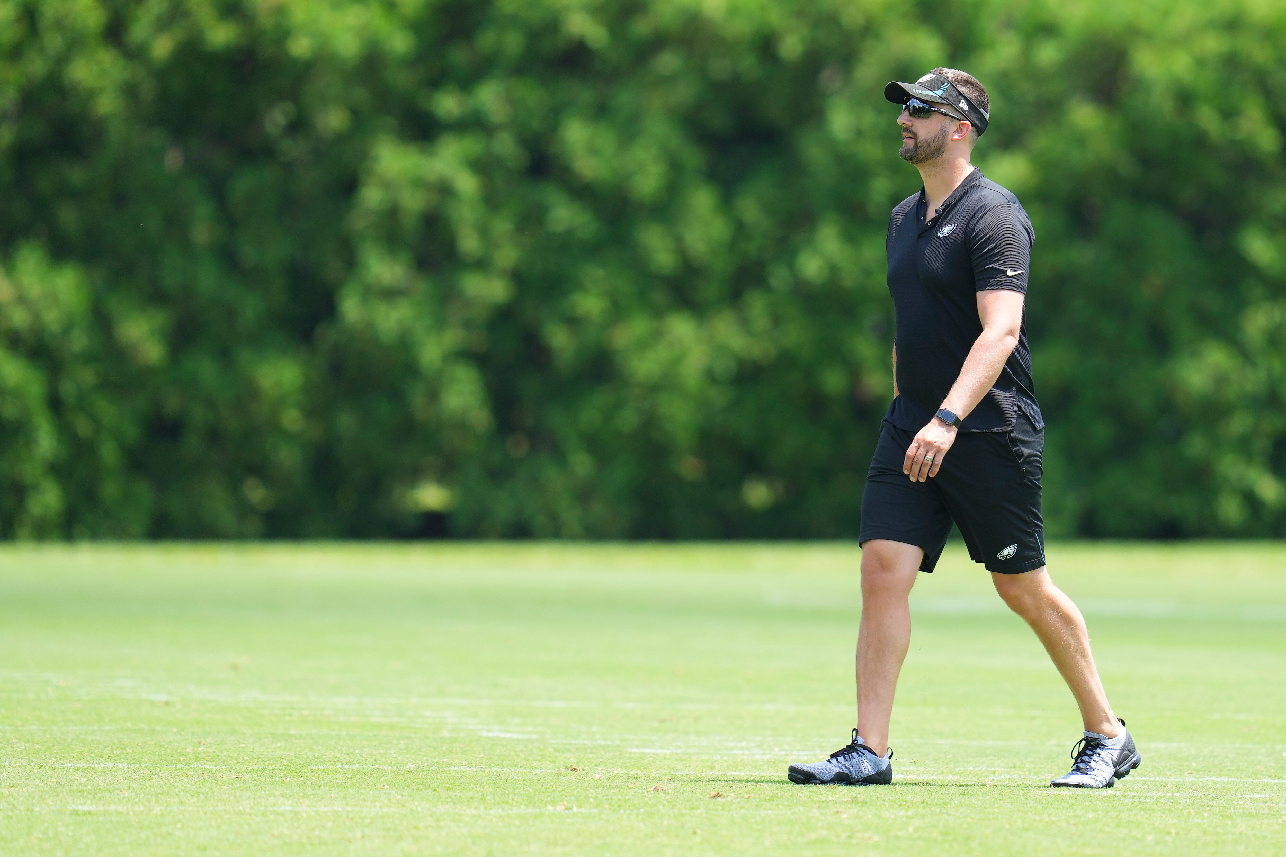 PHILADELPHIA, PA - JUNE 08: Head coach Nick Sirianni of the Philadelphia Eagles looks on during OTAs at the NovaCare Complex on June 8, 2022 in Philadelphia, Pennsylvania. (Photo by Mitchell Leff/Getty Images)
