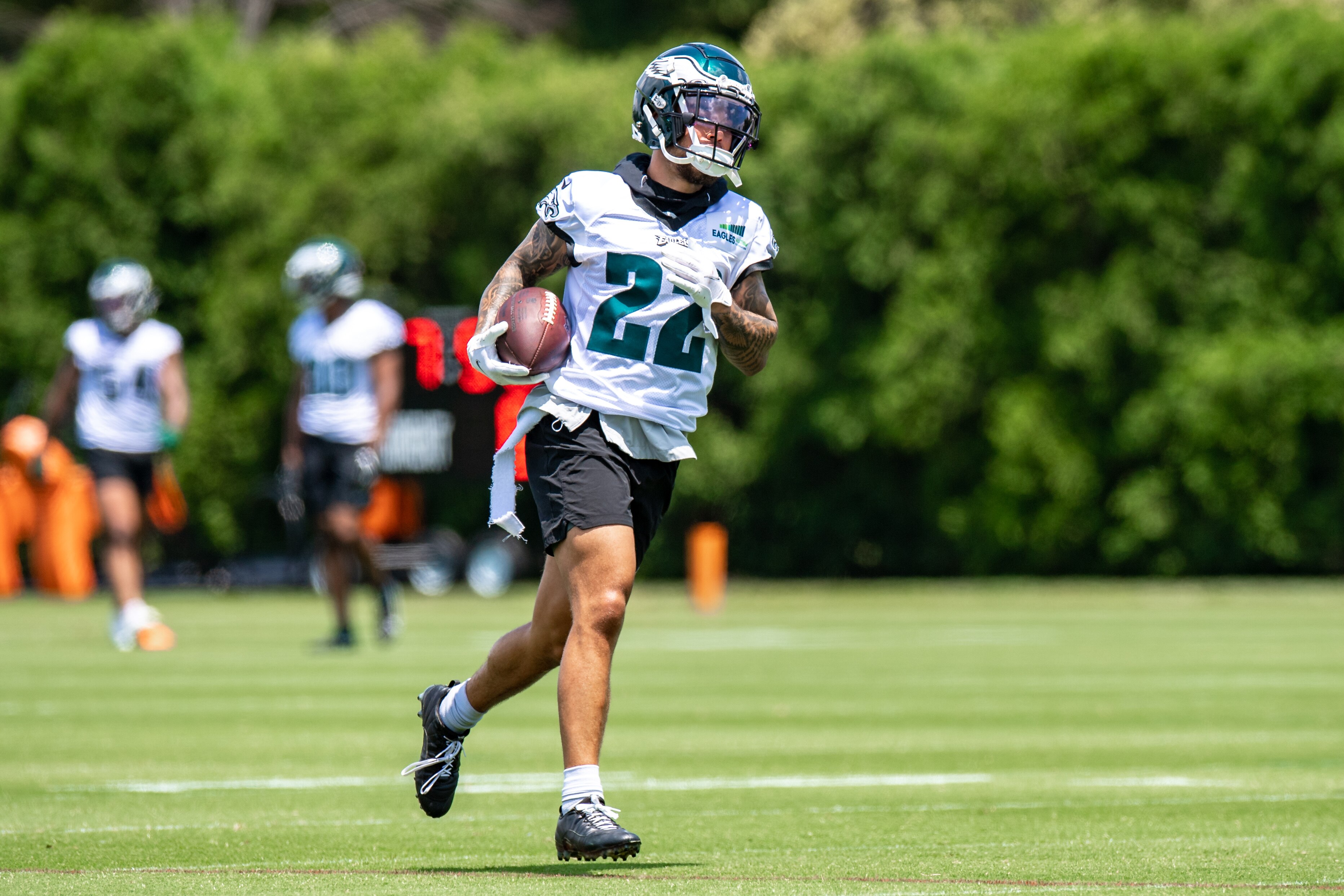 PHILADELPHIA, PA - JUNE 08: Philadelphia Eagles defensive back Marcus Epps (22) participates in a drill during OTA offseason workouts on June 8, 2022 at Novacare Complex in Philadelphia, PA (Photo by John Jones/Icon Sportswire via Getty Images)