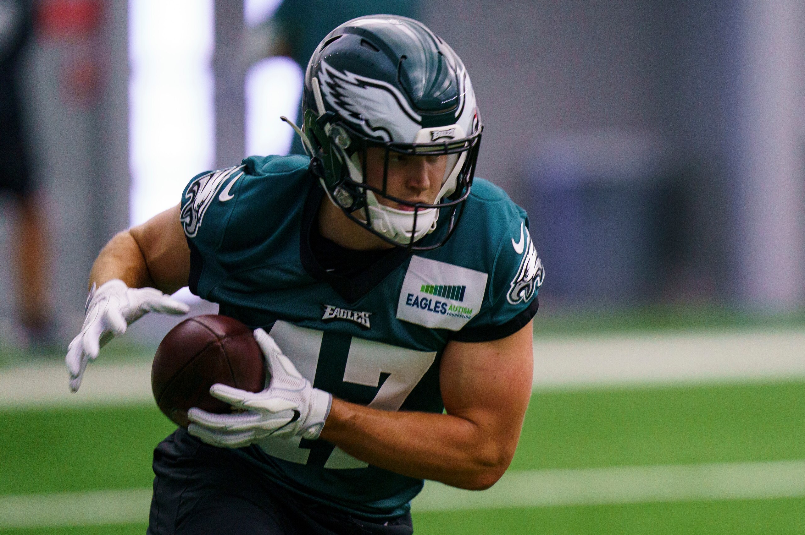 Philadelphia Eagles' Grant Calcaterra in action during at NFL rookie football minicamp, Friday, May 6, 2022, in Philadelphia. (AP Photo/Christopher Szagola)