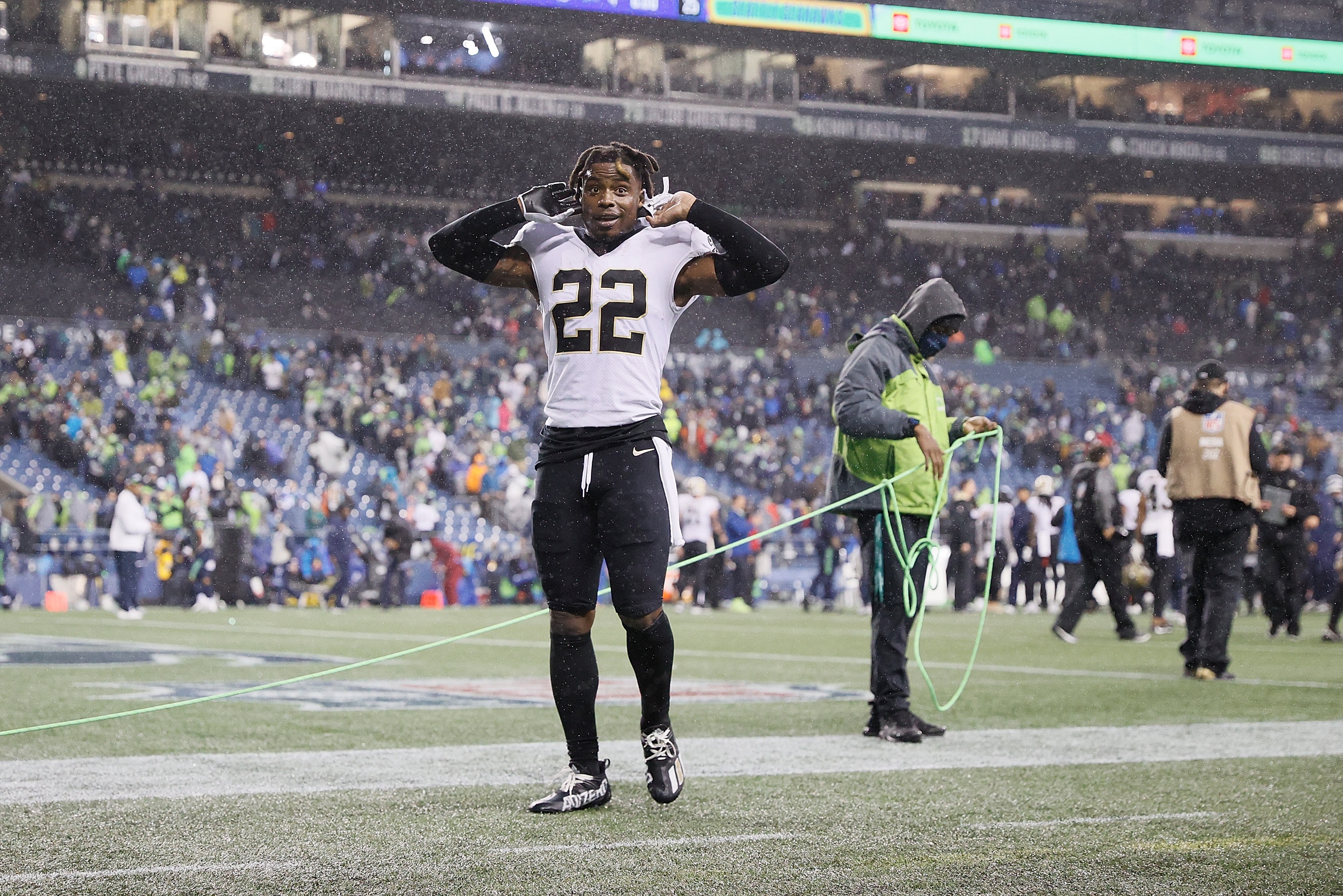 SEATTLE, WASHINGTON - OCTOBER 25:  Chauncey Gardner-Johnson #22 of the New Orleans Saints celebrates a victory over the Seattle Seahawks at Lumen Field on October 25, 2021 in Seattle, Washington. (Photo by Steph Chambers/Getty Images)