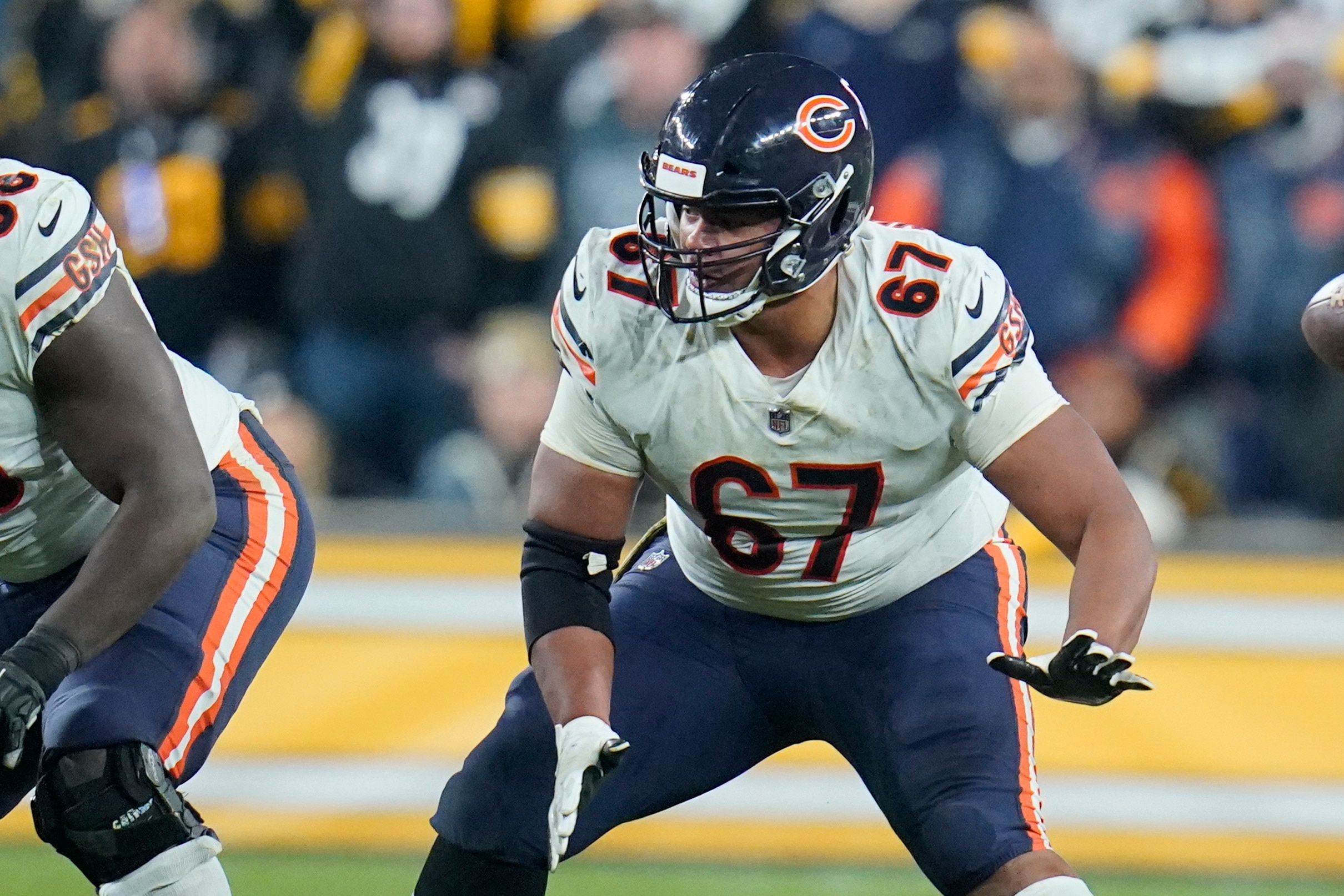 Chicago Bears center Sam Mustipher (67) plays in an NFL football game against the Pittsburgh Steelers, Monday, Nov. 8, 2021, in Pittsburgh. (AP Photo/Gene J. Puskar)
