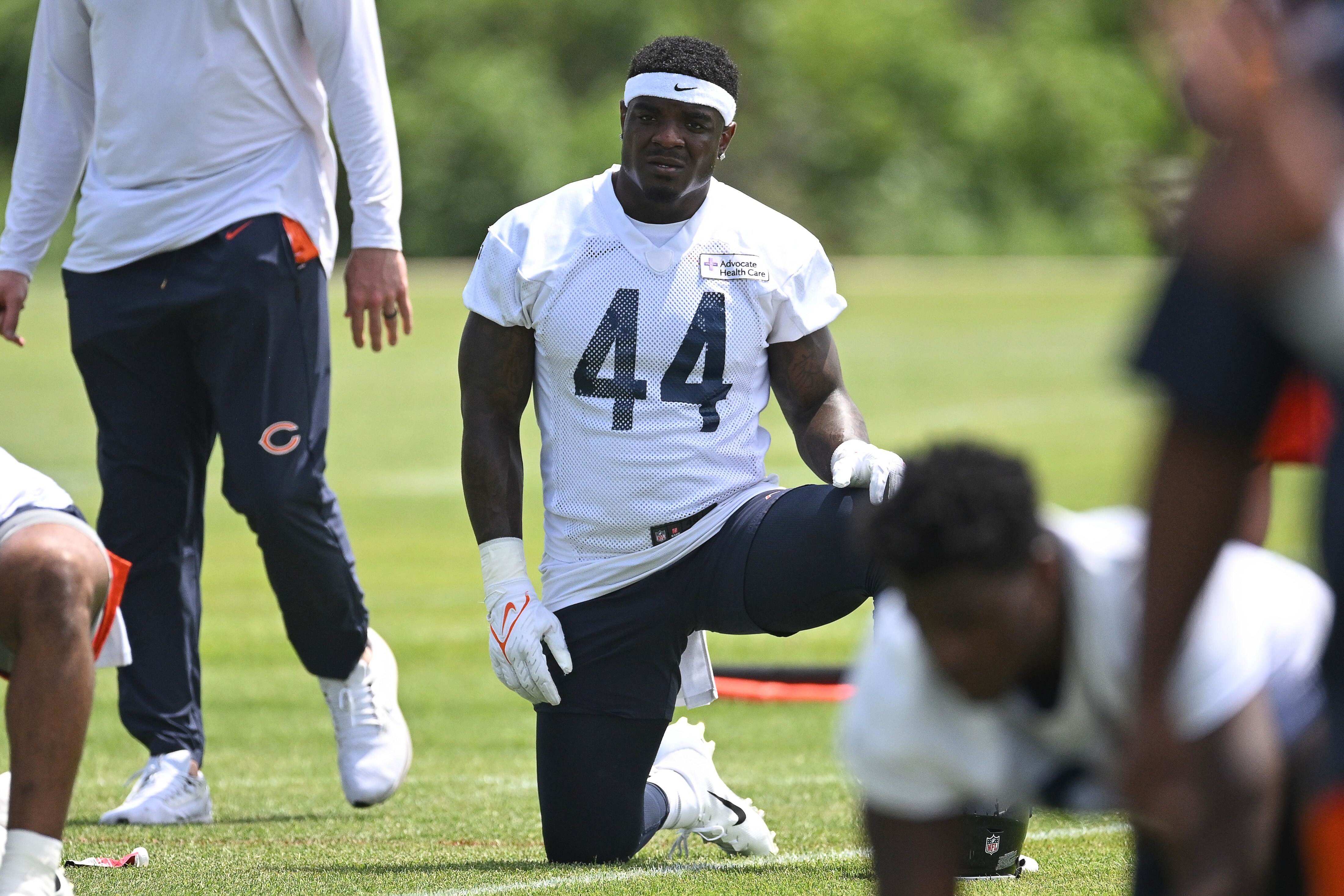 LAKE FOREST, IL - JUNE 15: Chicago Bears linebacker Matthew Adams (44) warms up during the the Chicago Bears Minicamp on June 15, 2022 at Halas Hall in Lake Forest, IL. (Photo by Robin Alam/Icon Sportswire via Getty Images)